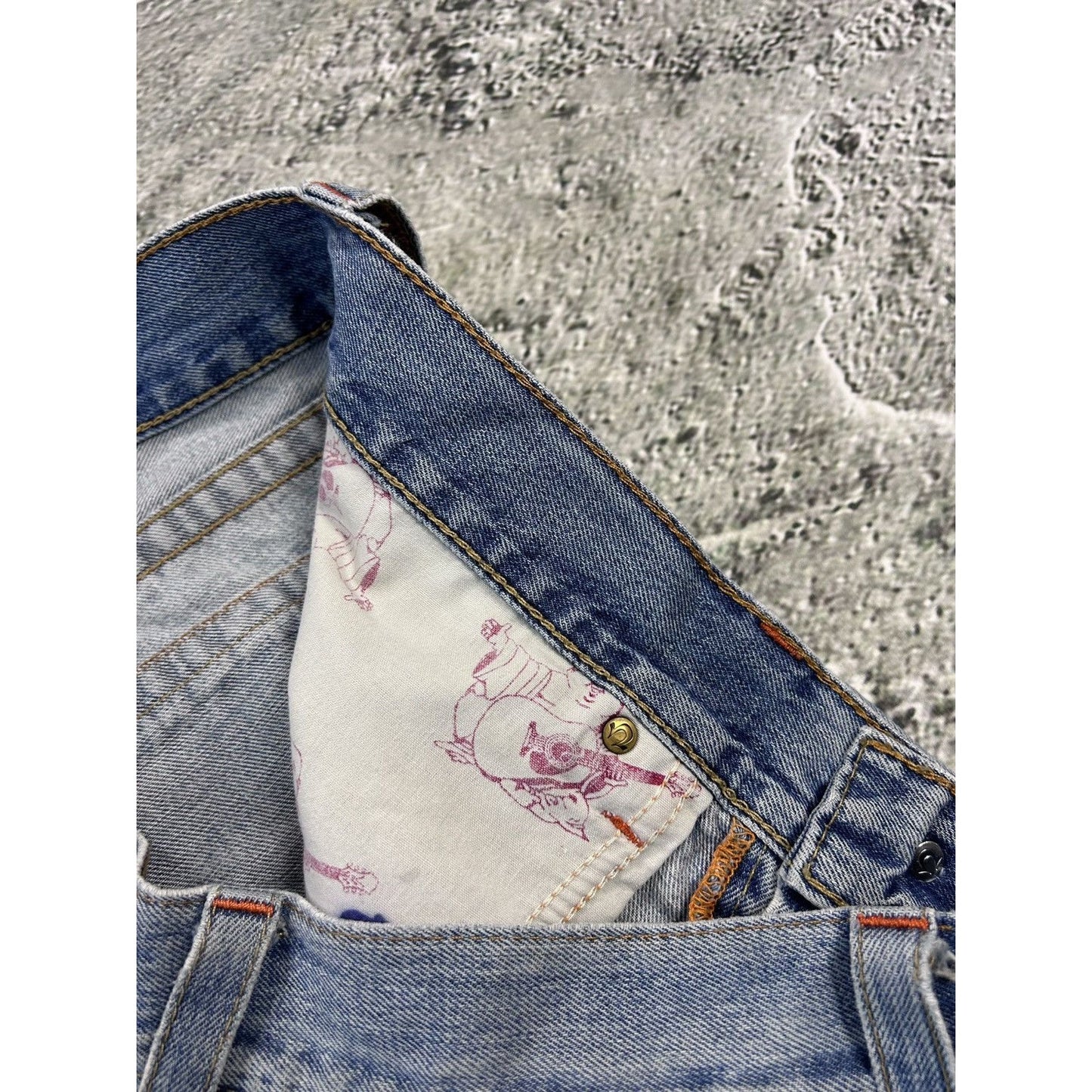 True Religion baby blue jeans white big logo stitching Y2K