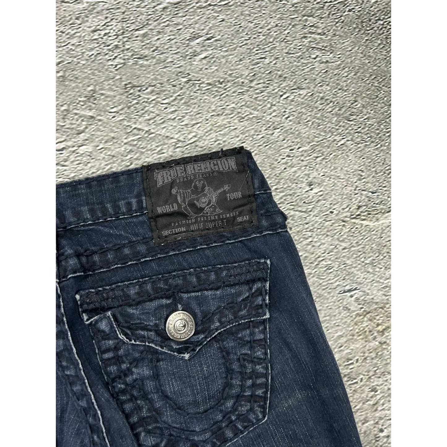 True Religion slim jeans navy black thick stitching Y2K