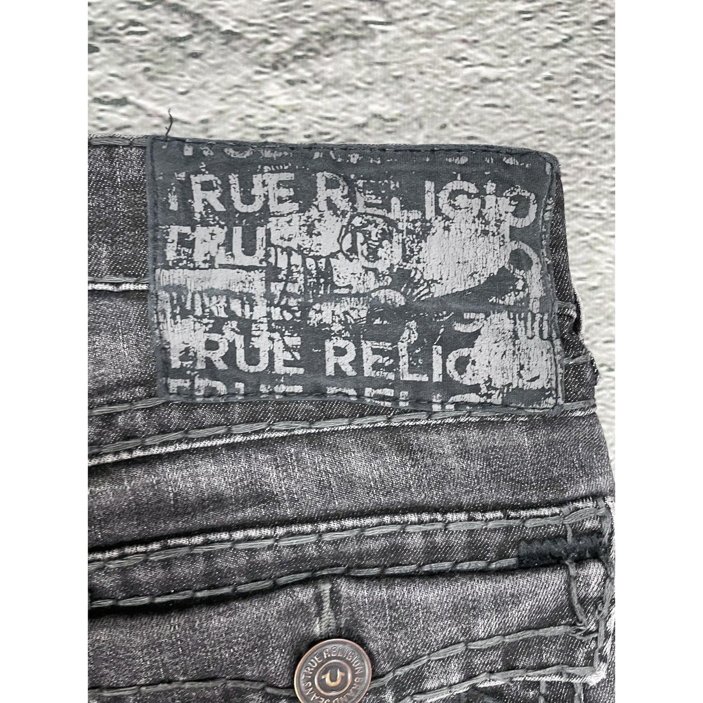 True Religion black dark grey jeans thick stitching Ricky