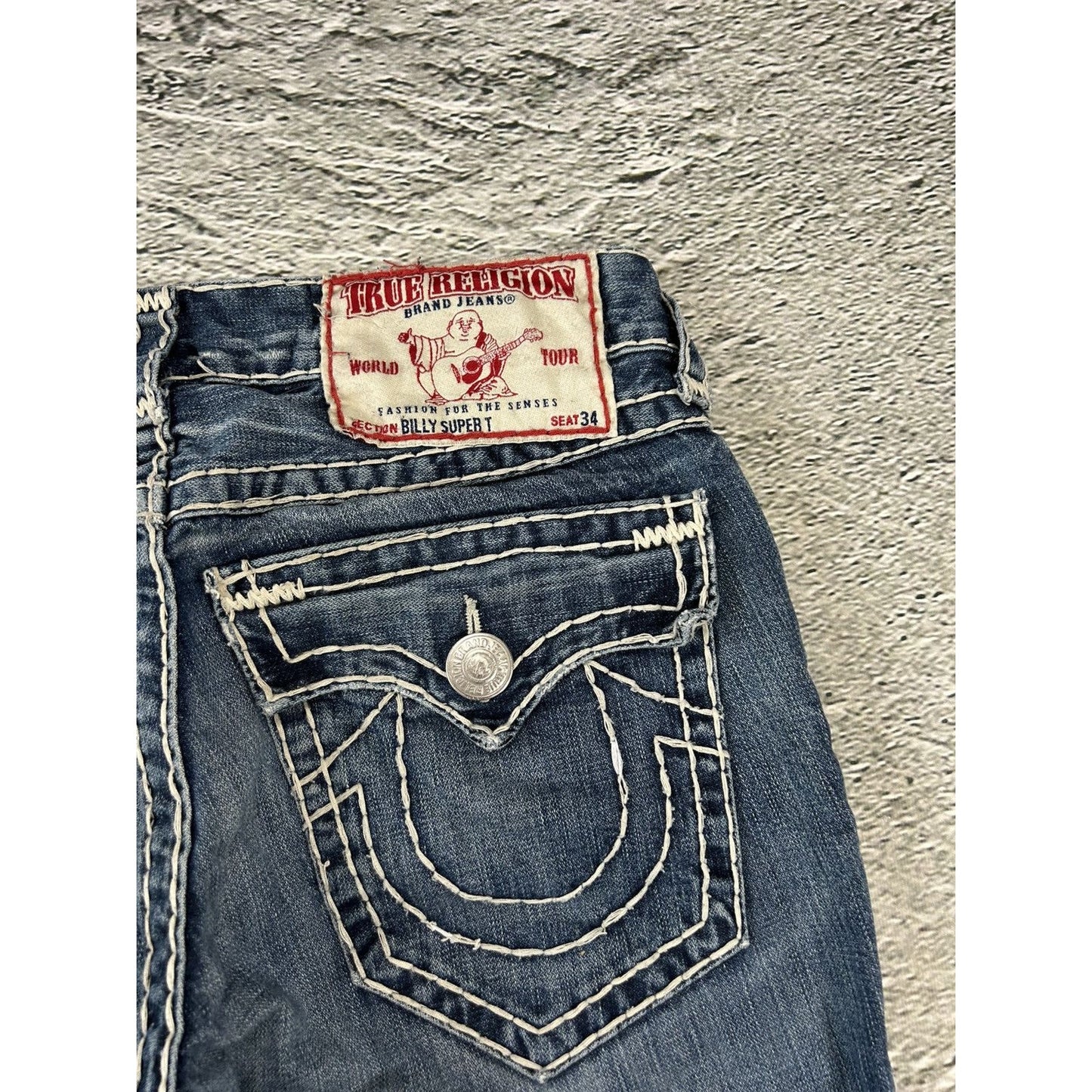 True Religion blue jeans white thick stitching Billy Super T