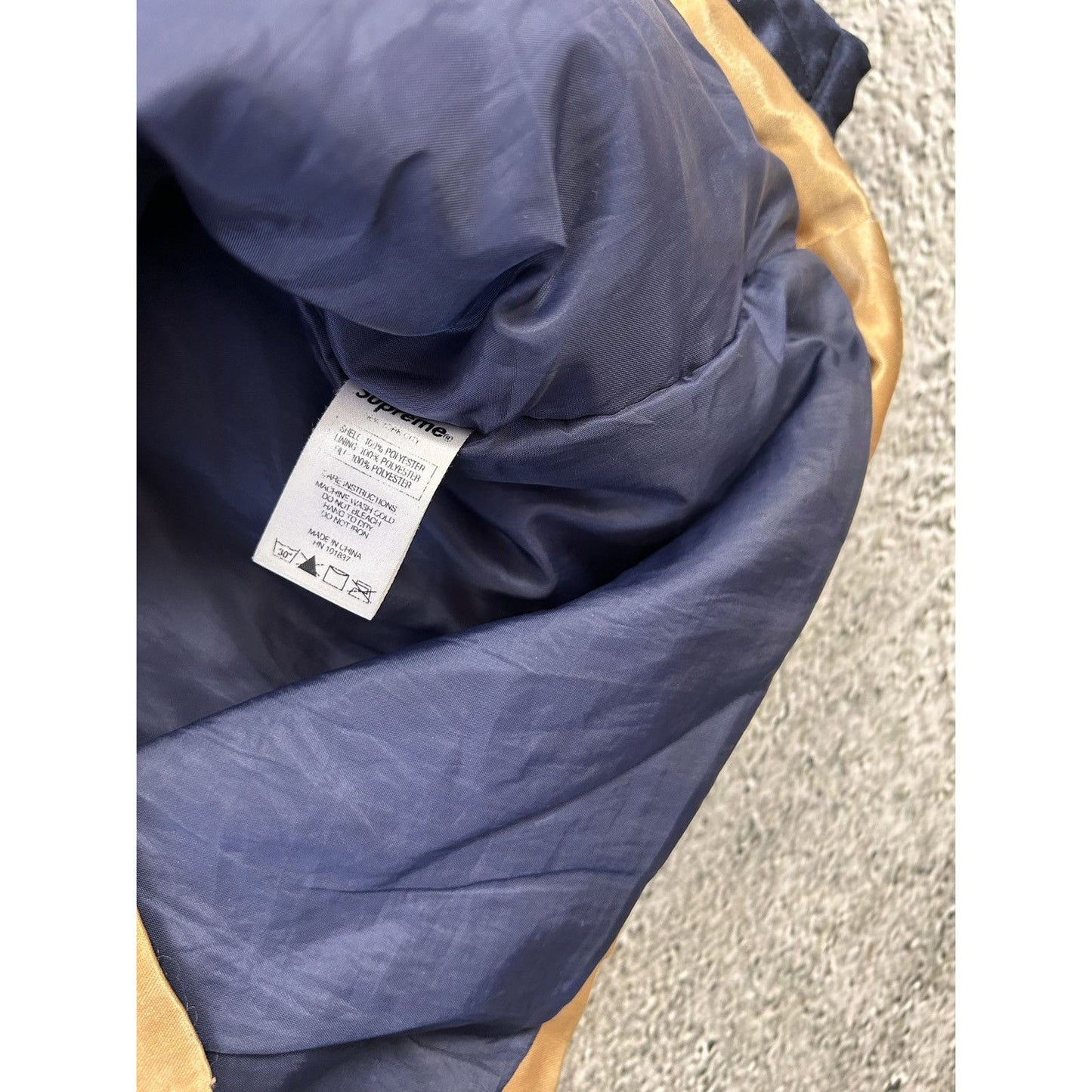 Supreme Quilted Satin Gold/Navy Parka Jacket Big Logo AW14