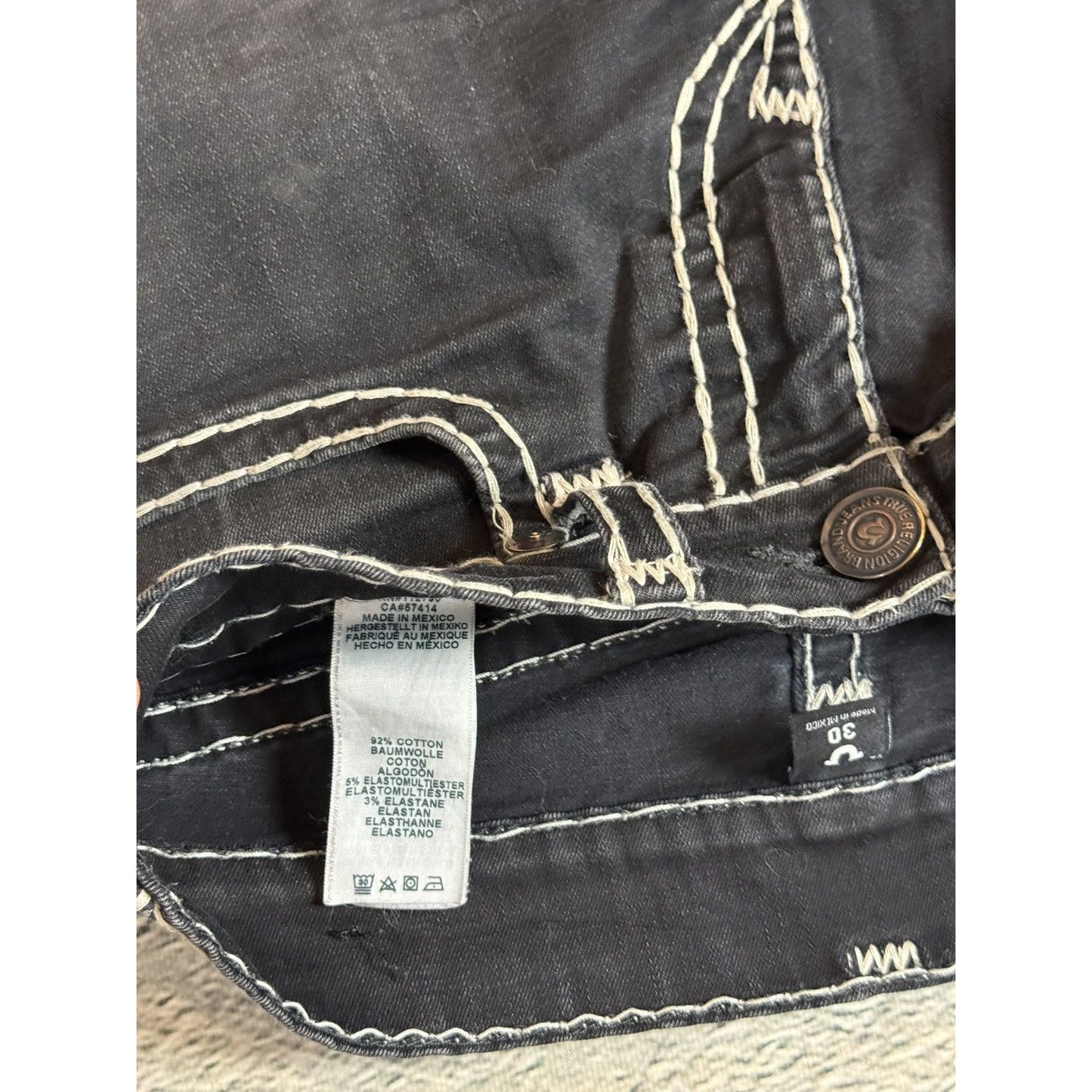 True Religion black jeans Rocco white thick stitching Y2K slim
