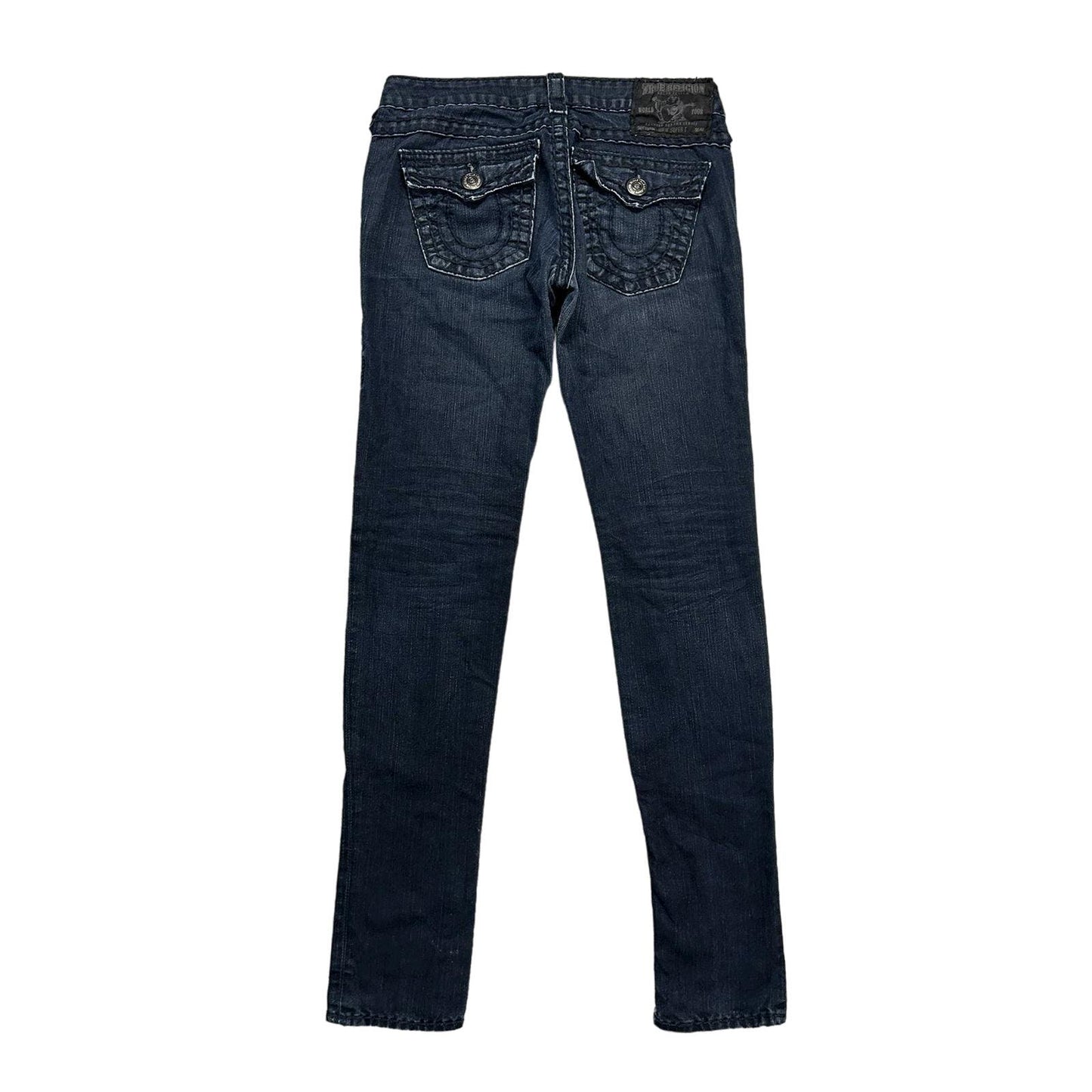 True Religion slim jeans navy black thick stitching Y2K