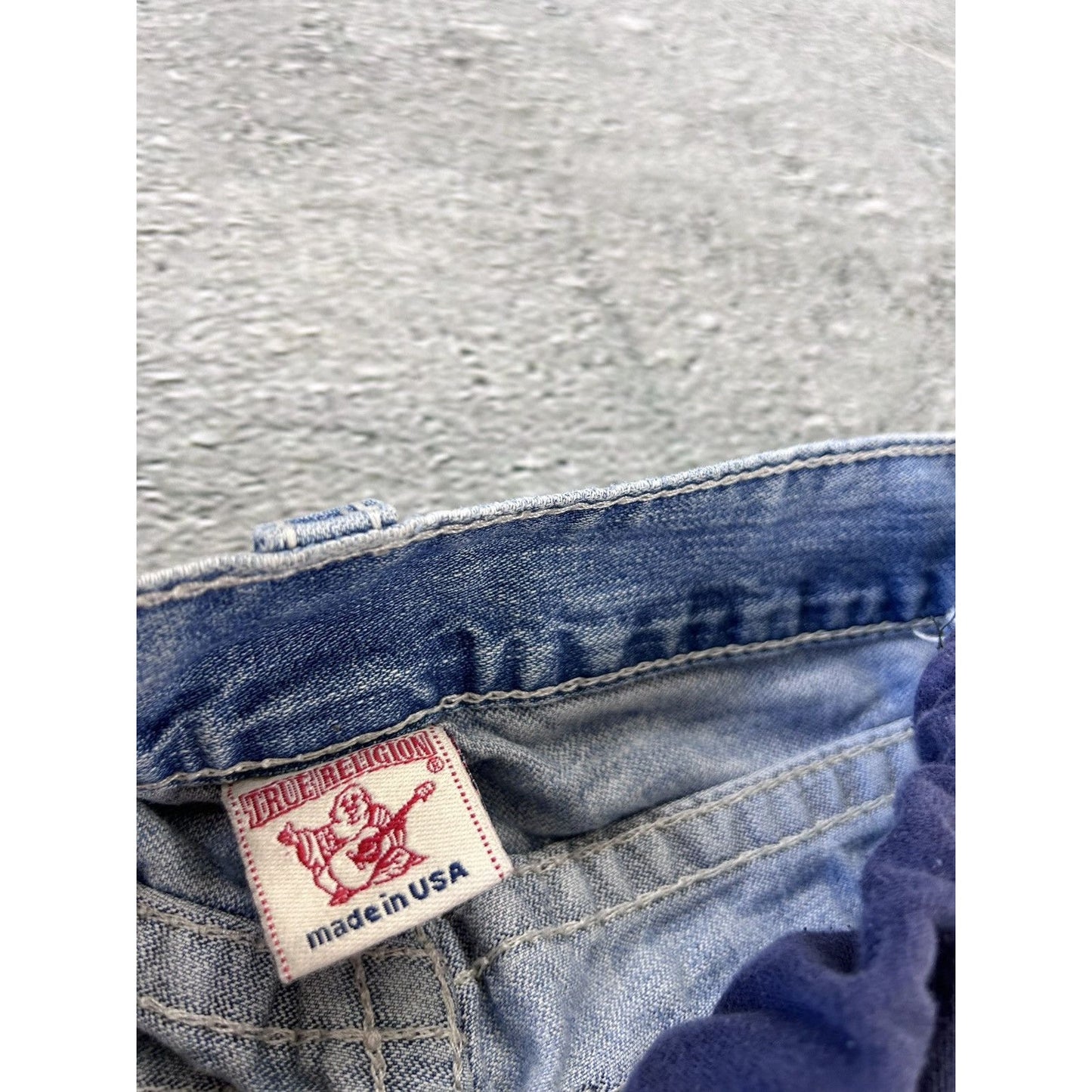 True Religion baby blue jeans white stitching Y2K bootcut
