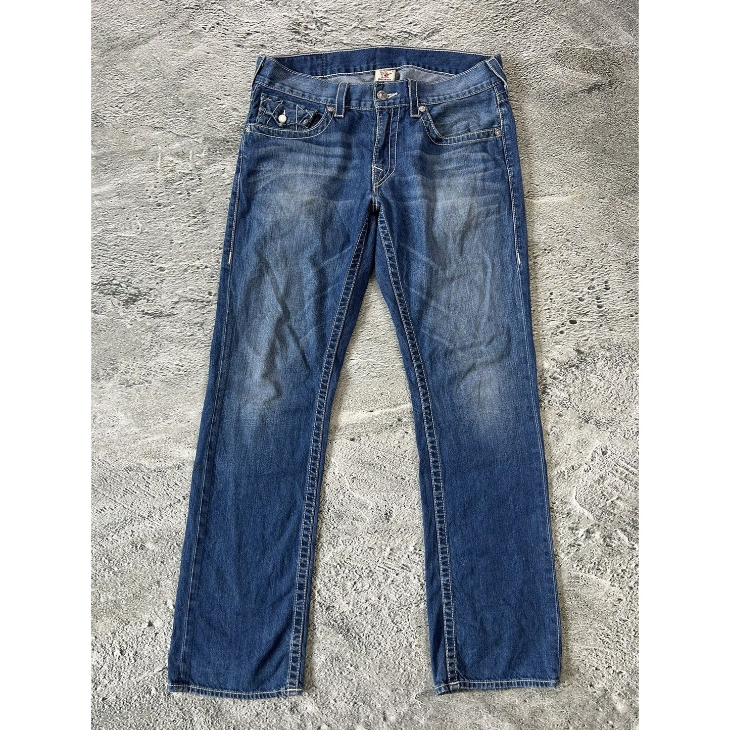 True Religion blue jeans white thick stitching straight Y2K