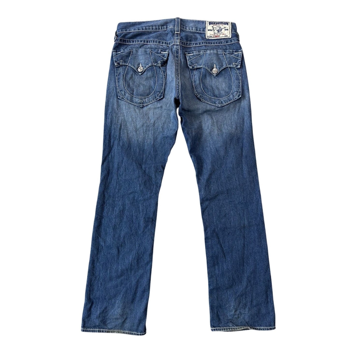 True Religion blue jeans white thick stitching straight Y2K