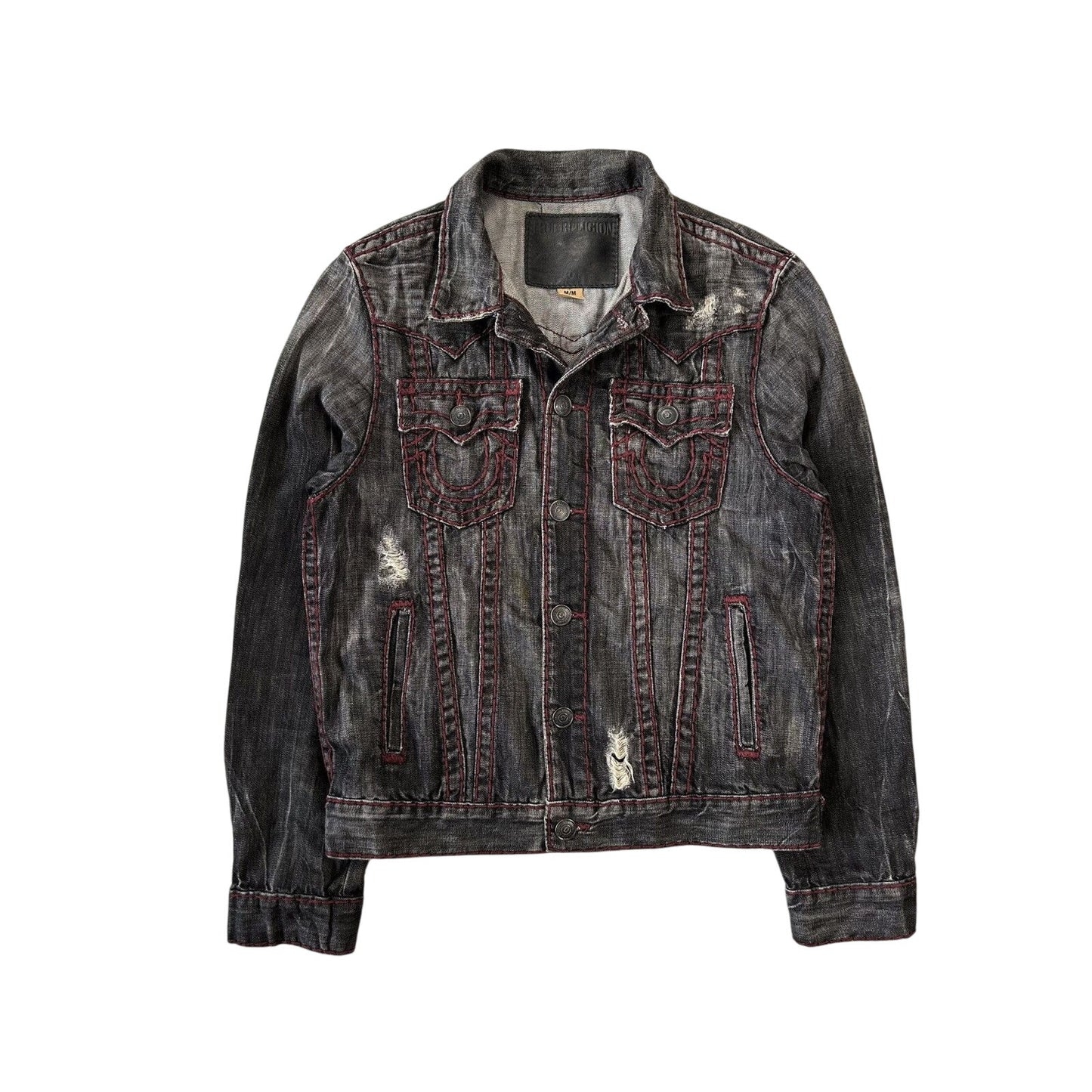 True Religion denim jacket black red contrast stitching Y2K