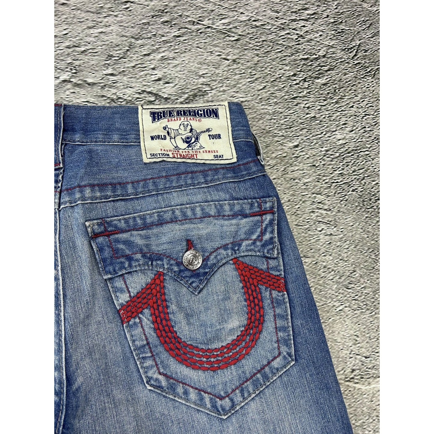 True Religion vintage blue jeans straight red logo Y2K