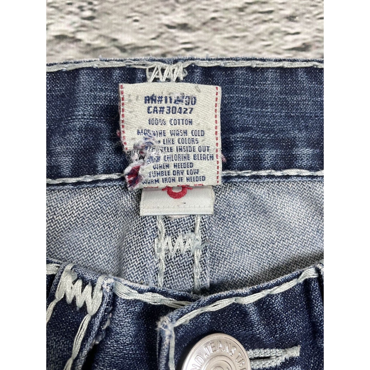 True Religion blue jeans white thick stitching Bobby