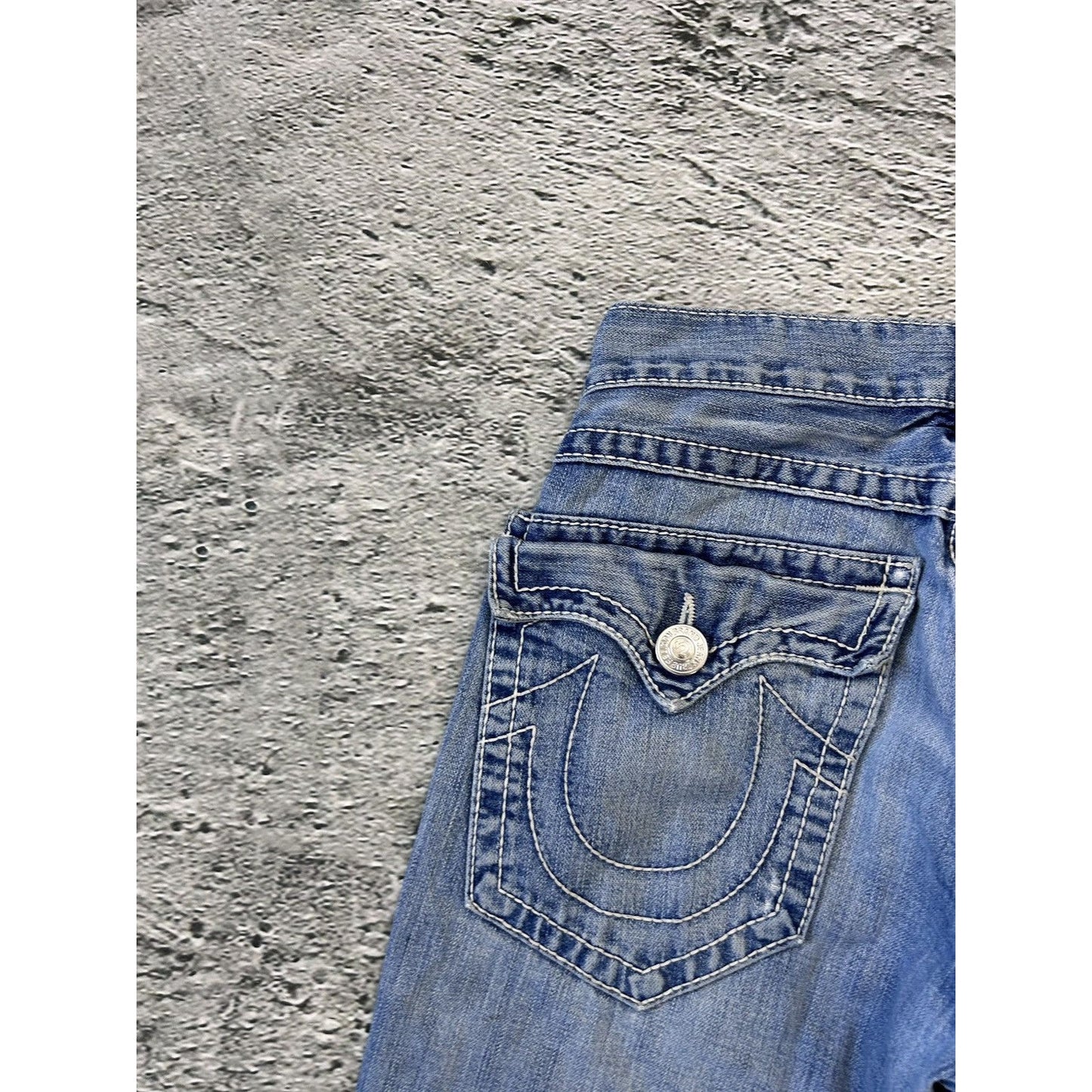 True Religion baby blue jeans white stitching Y2K bootcut