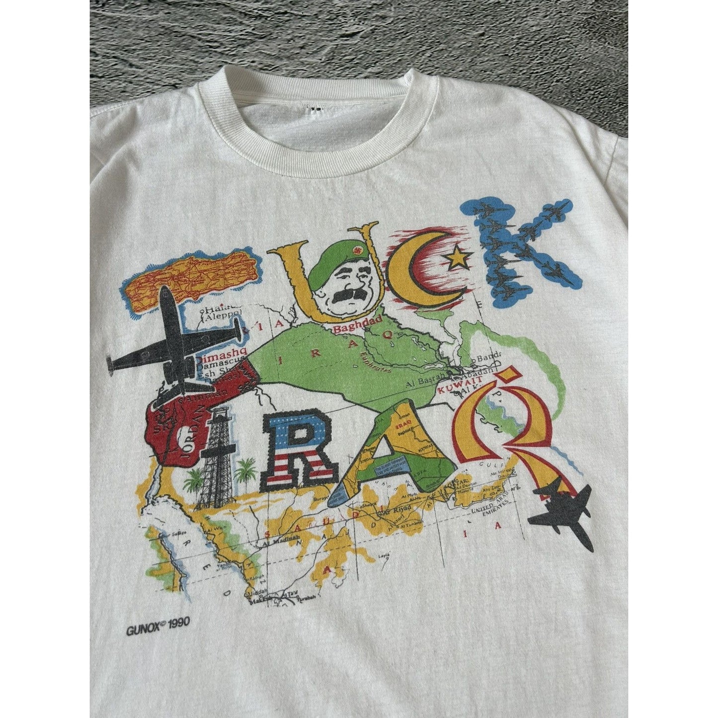 Vintage 90s T-shirt Fuck Iraq Saddam Hussain white Gunox