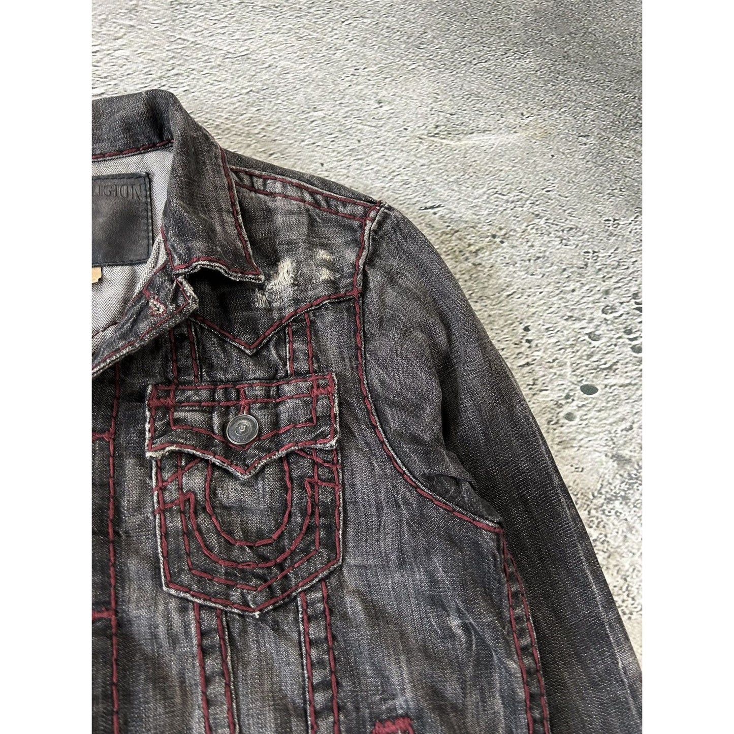 True Religion denim jacket black red contrast stitching Y2K