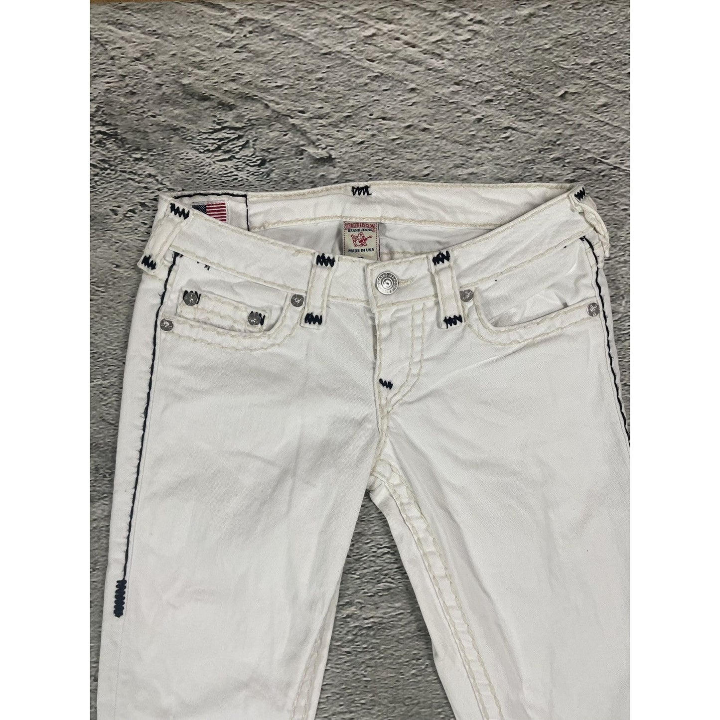 True Religion vintage white jeans black stitching low rise