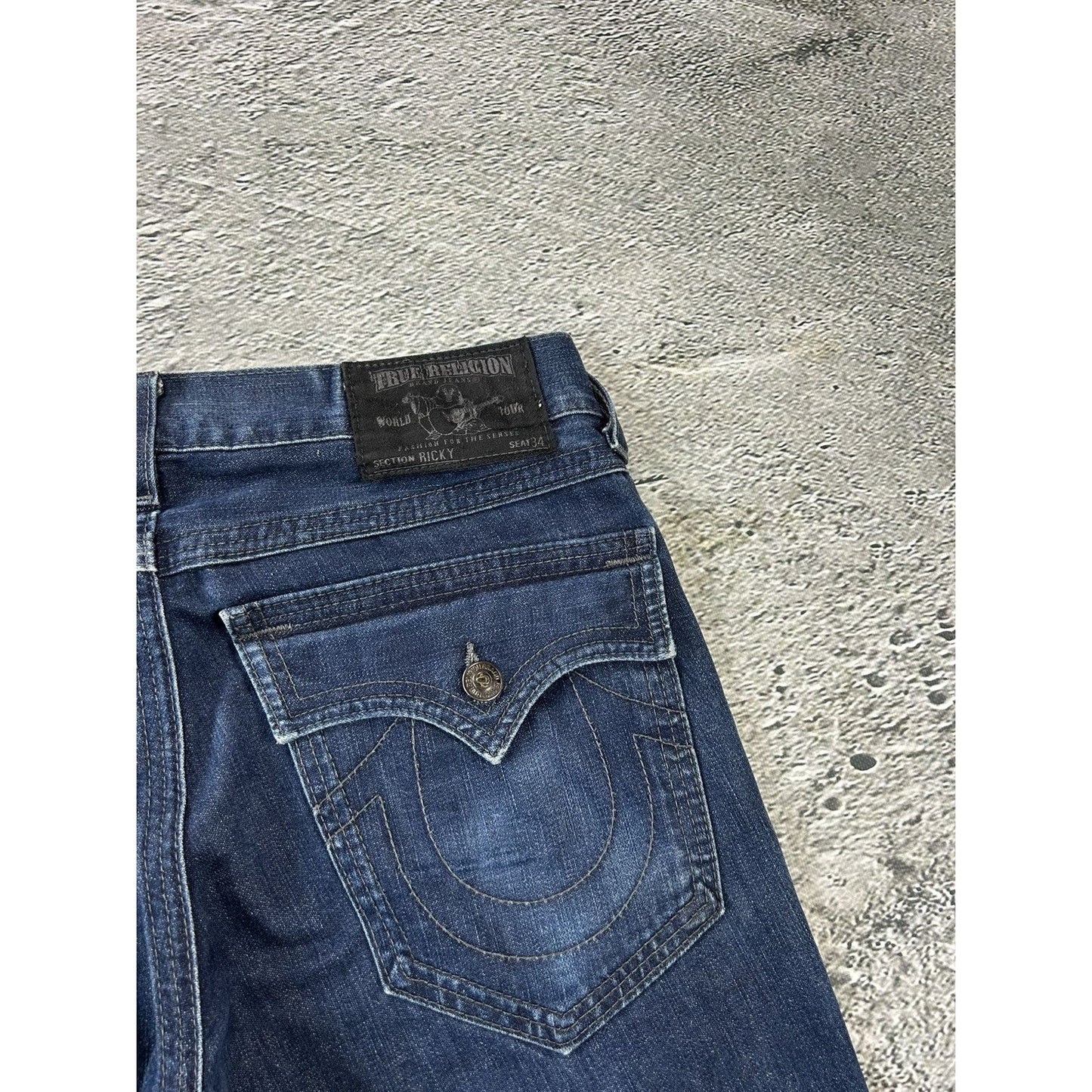 True Religion jorts denim shorts navy black stitching Ricky