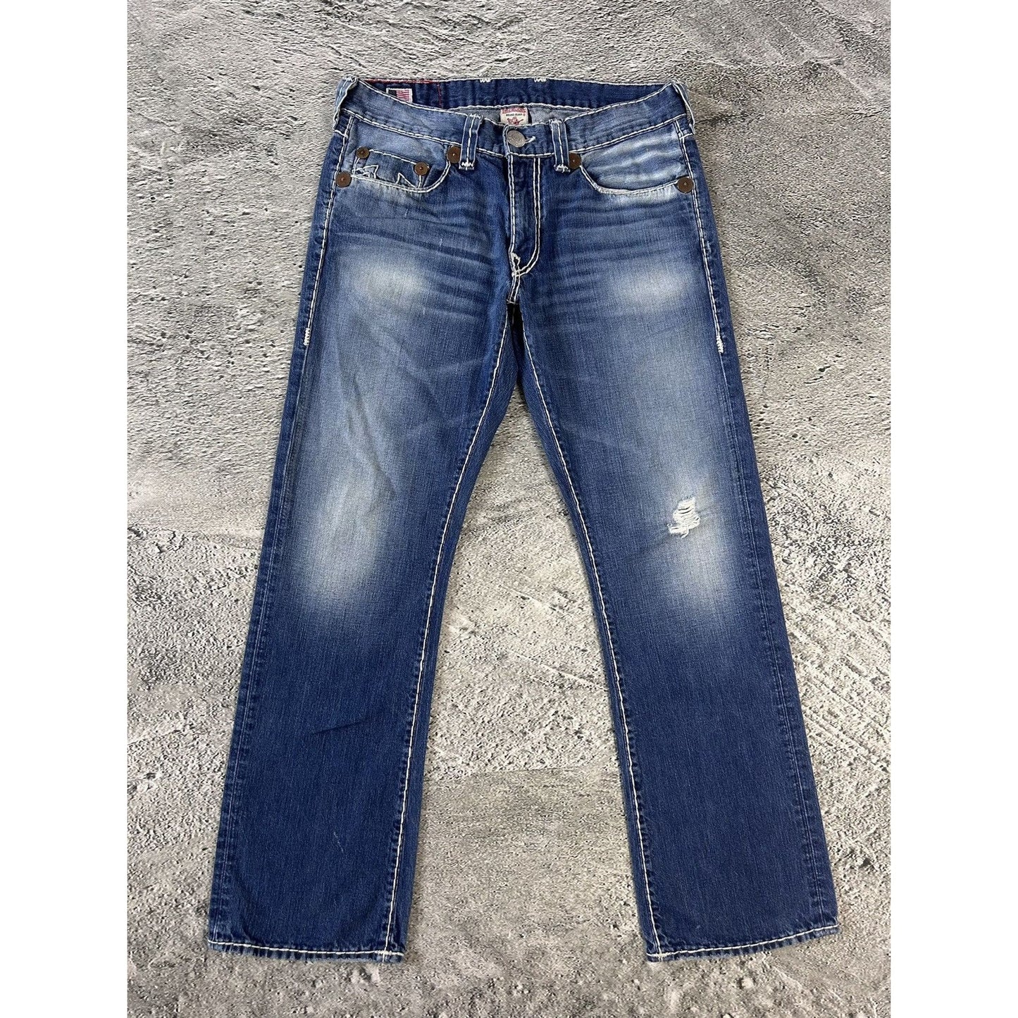 True Religion Blue jeans white thick stitching Bobby