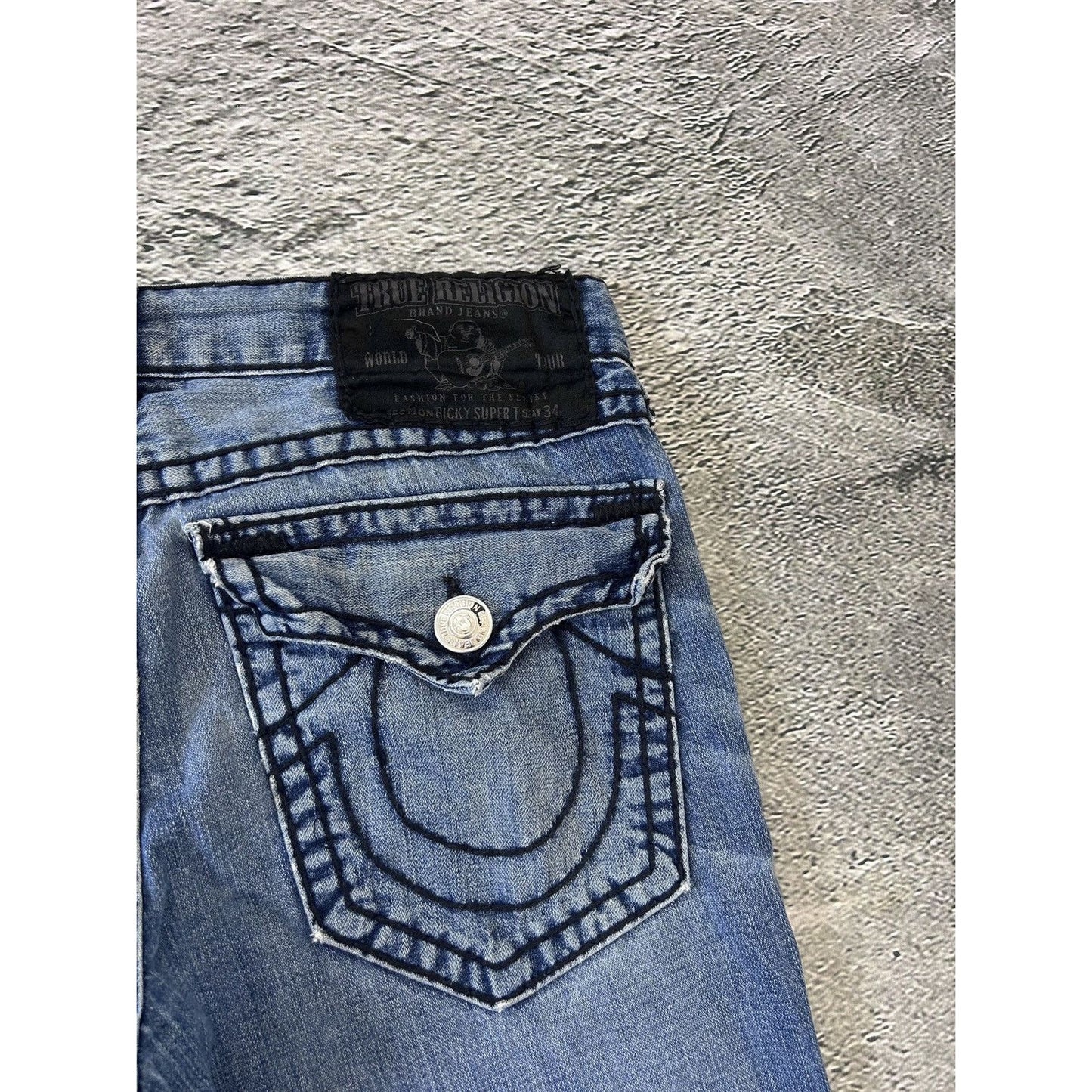 True Religion jeans blue black stitching Ricky Y2K