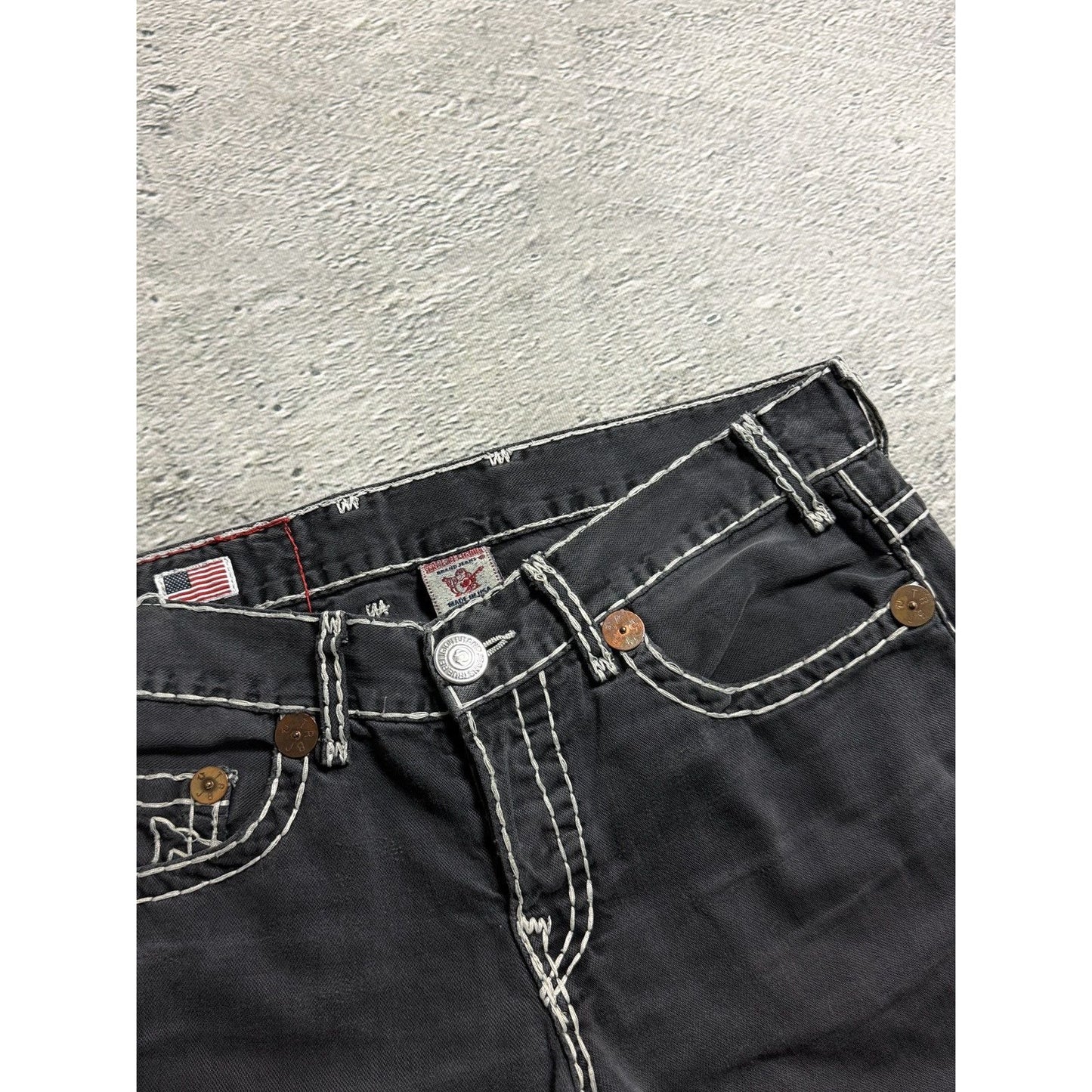 True Religion black jeans white thick stitching Y2K Logan