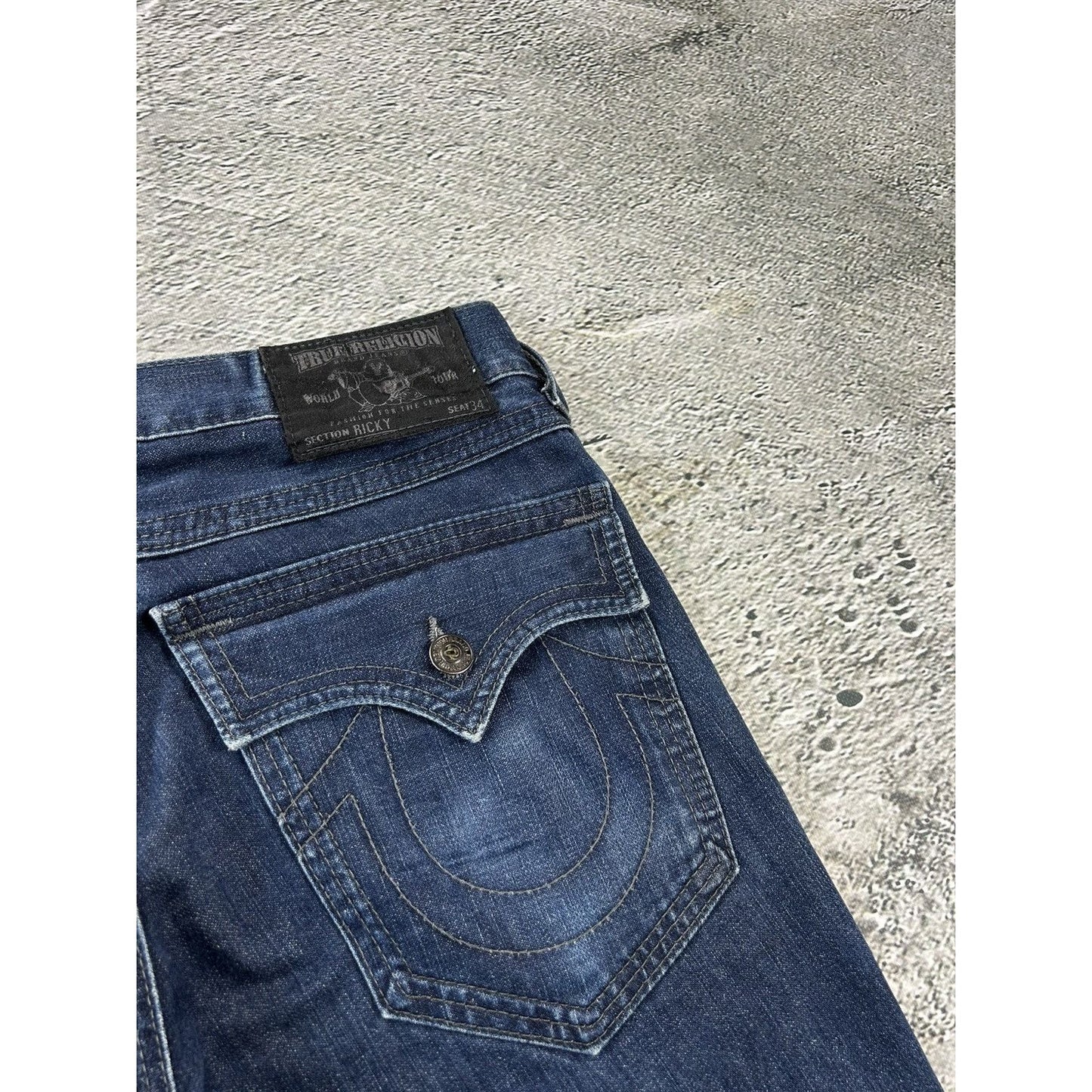True Religion jorts denim shorts navy black stitching Ricky