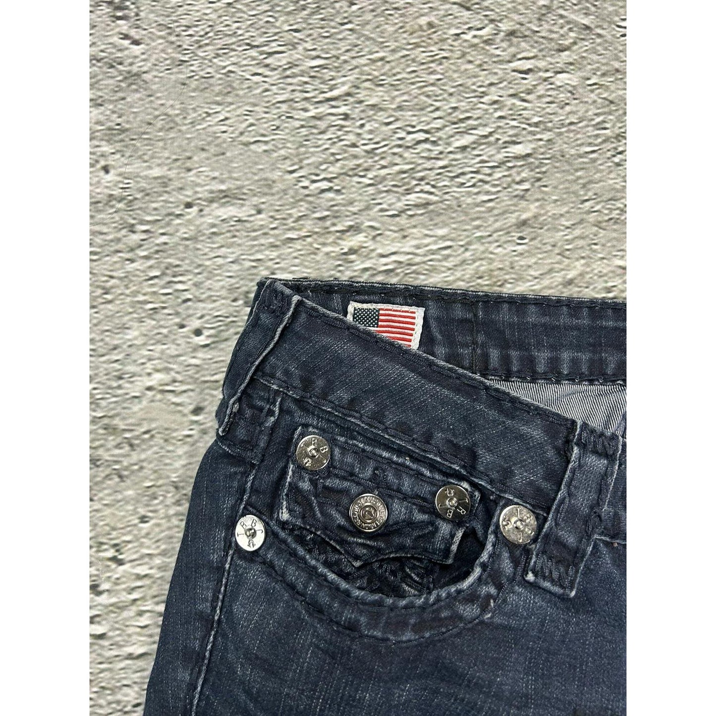 True Religion slim jeans navy black thick stitching Y2K