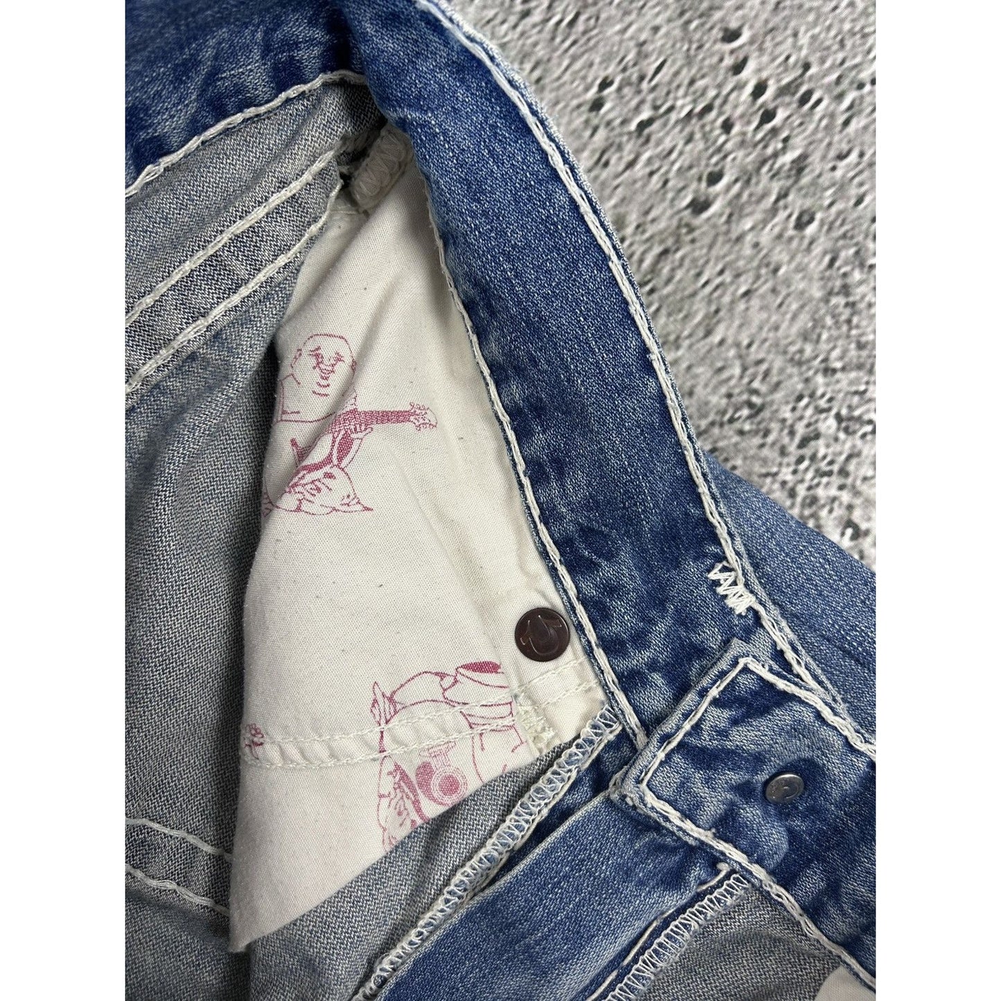 True Religion baby blue jeans white thick stitching Bobby
