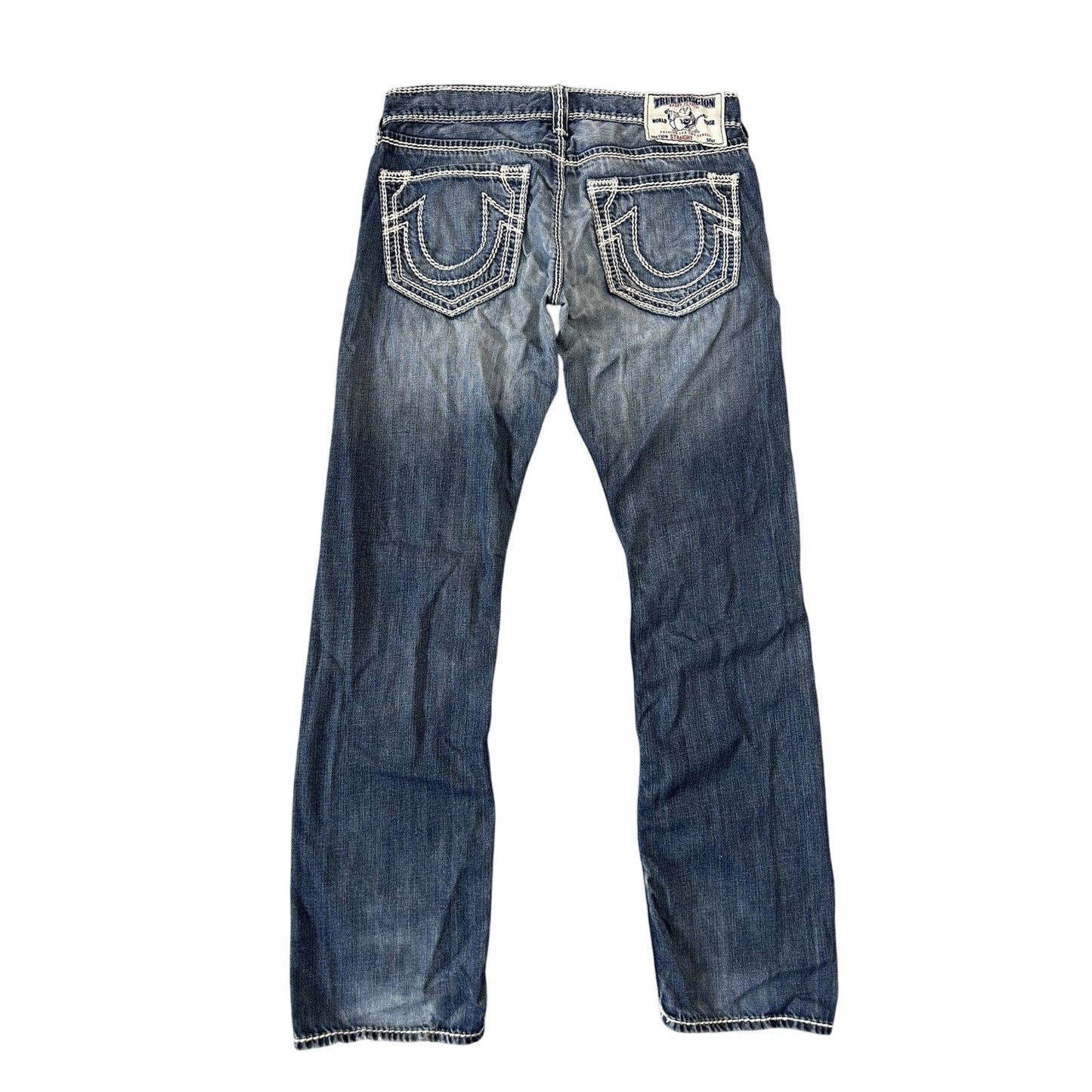 True Religion blue jeans white thick stitching straight Y2K