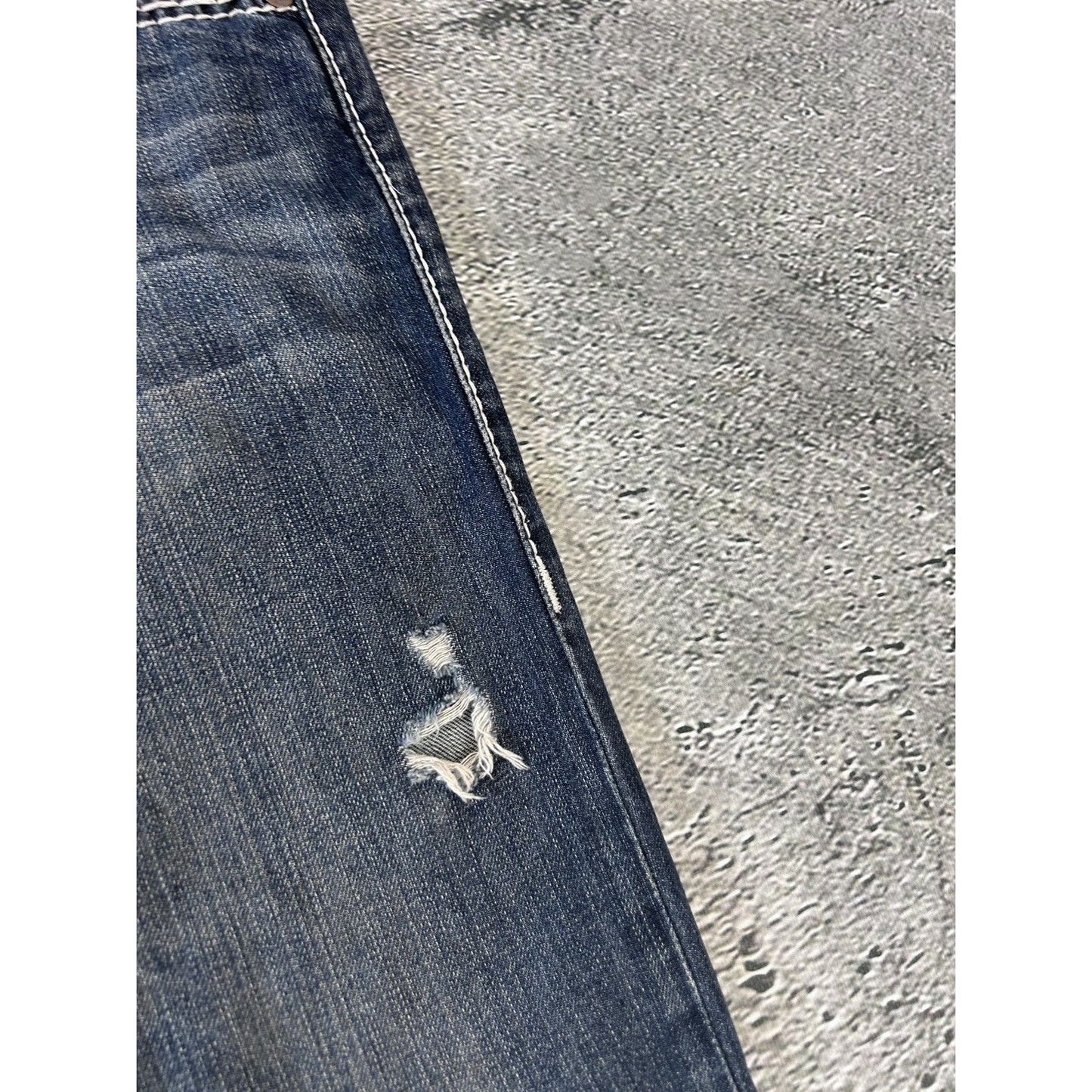 True Religion navy blue jeans white thick stitching straight