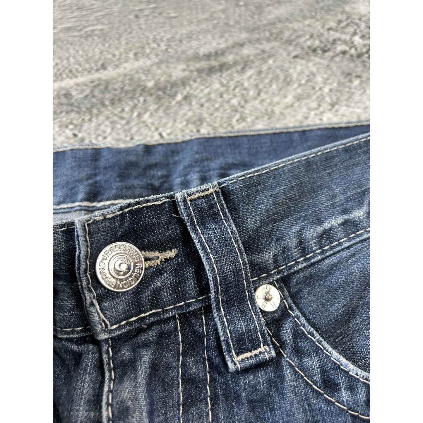 True Religion baby blue jeans white stitching Y2K bootcut