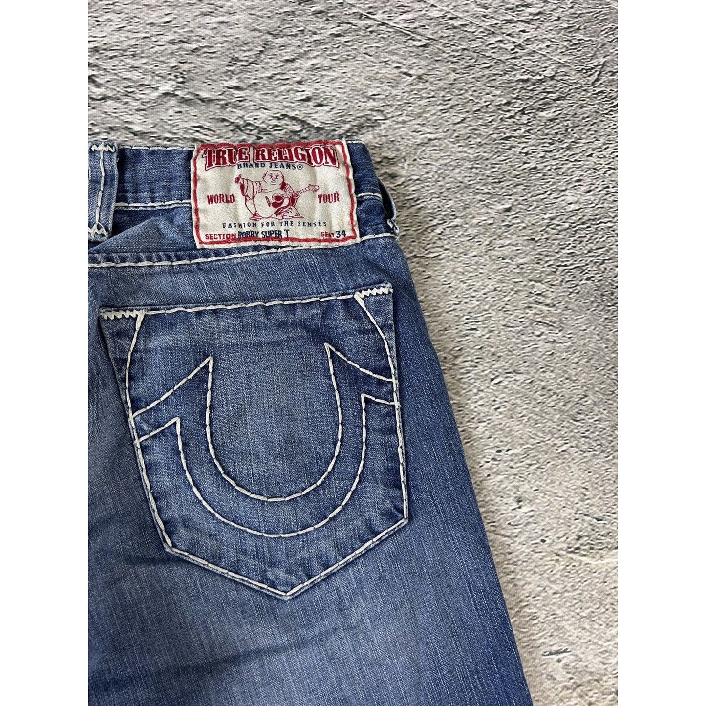 True Religion Blue jeans white thick stitching Bobby