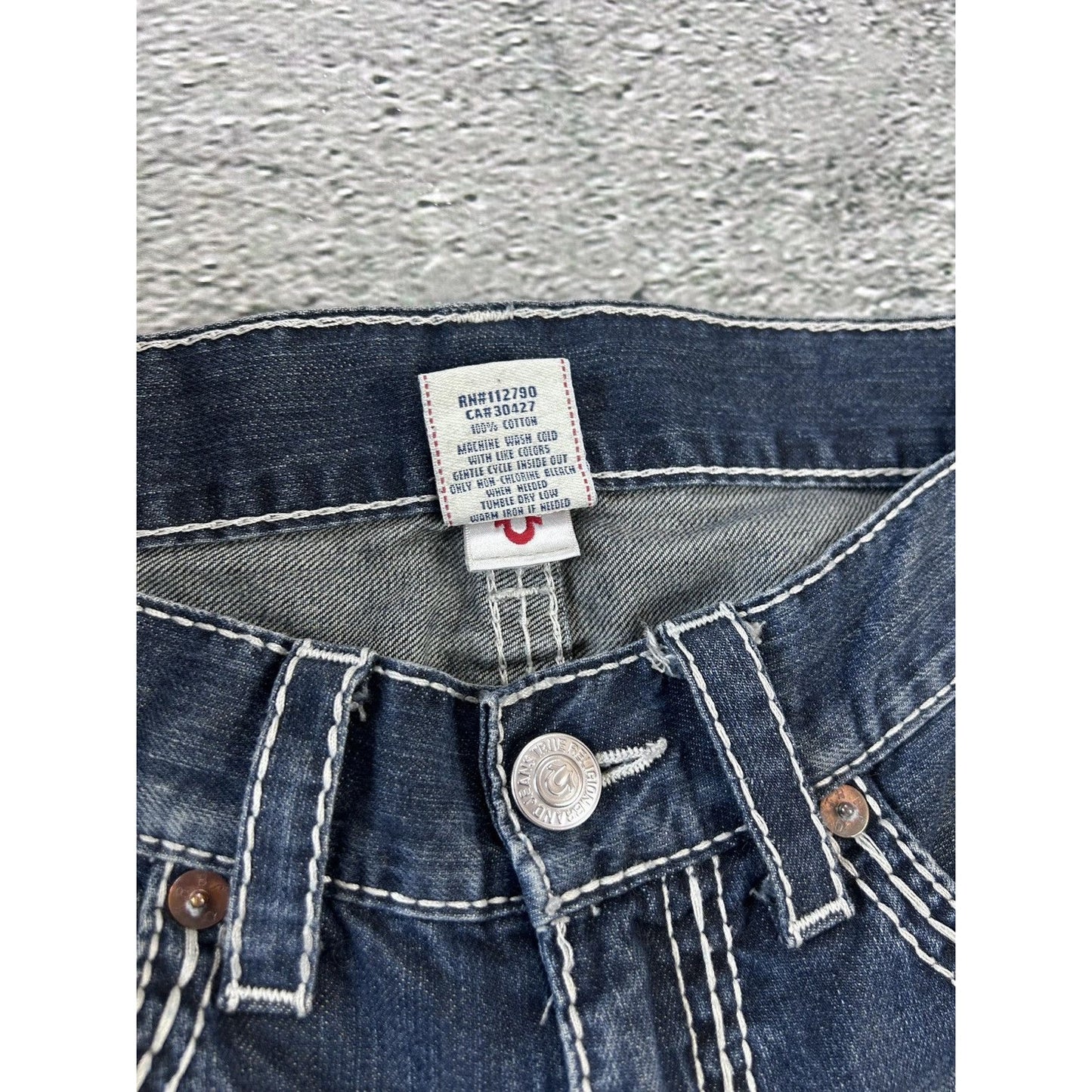 True Religion navy blue jeans white thick stitching straight