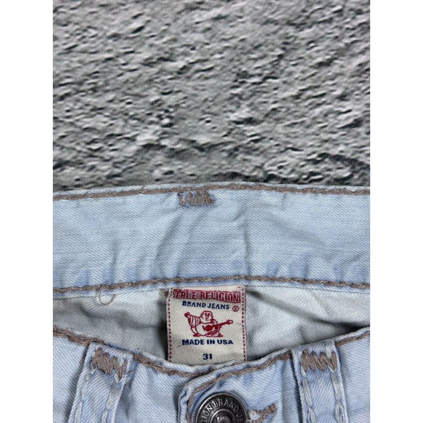 True Religion light blue jeans beige stitching Ricky Super T