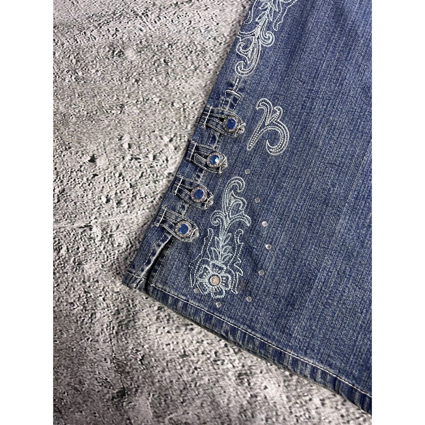 Y2K jeans flared floral embroidery rhinestone