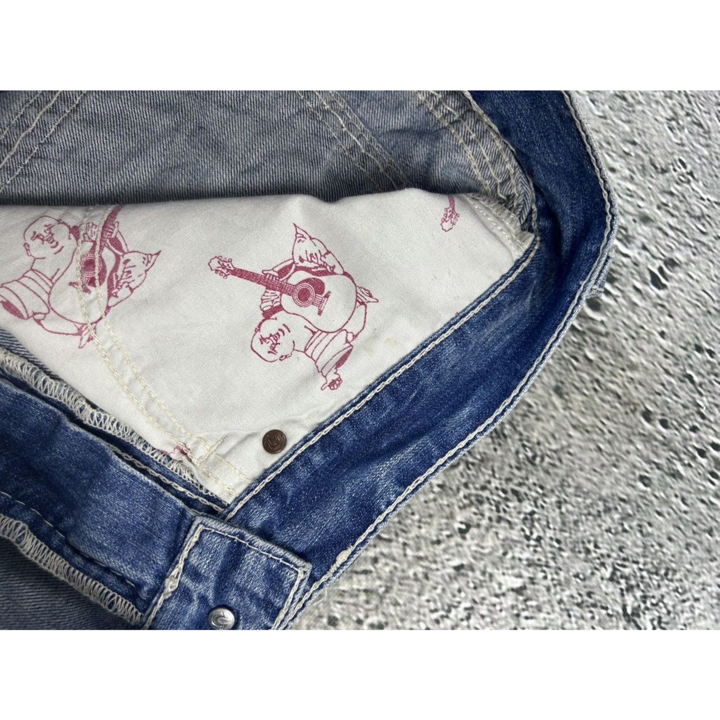True Religion baby blue jeans white thick stitching straight
