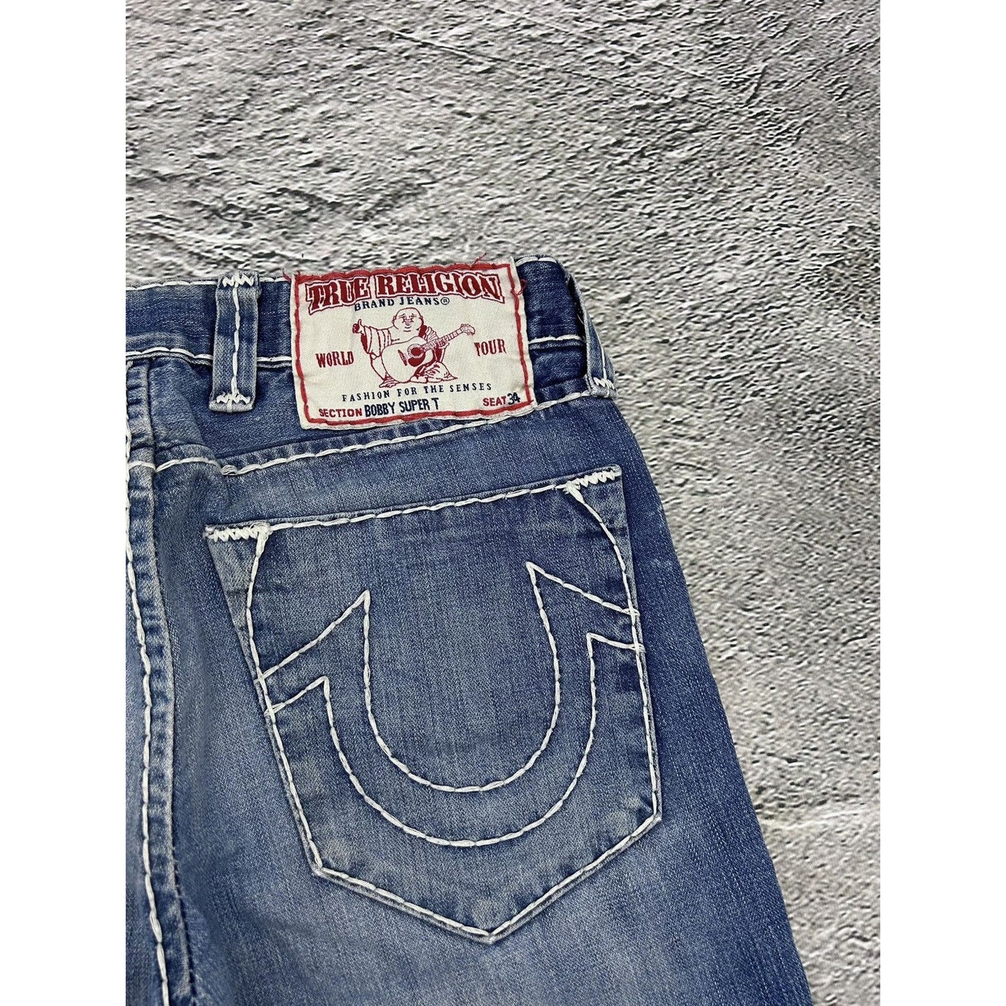 True Religion Blue jeans white thick stitching Bobby