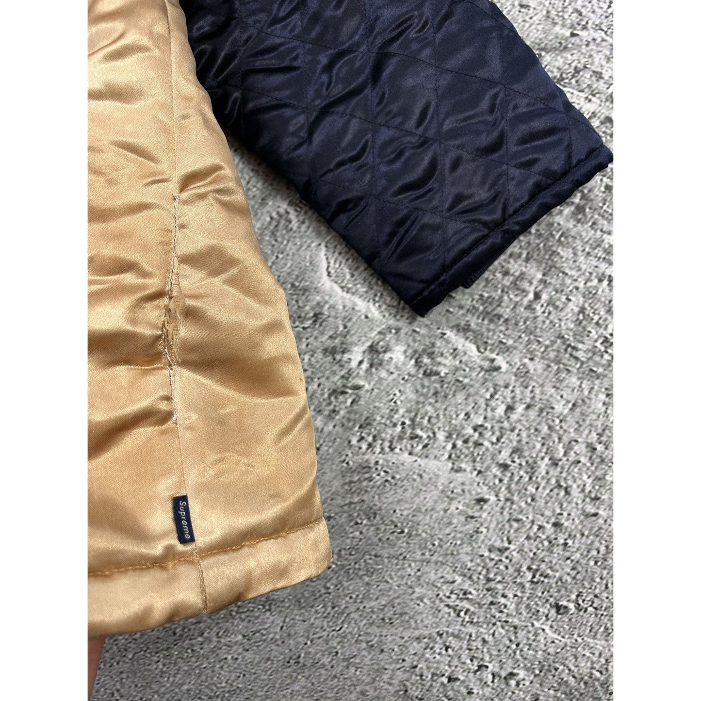 Supreme Quilted Satin Gold/Navy Parka Jacket Big Logo AW14