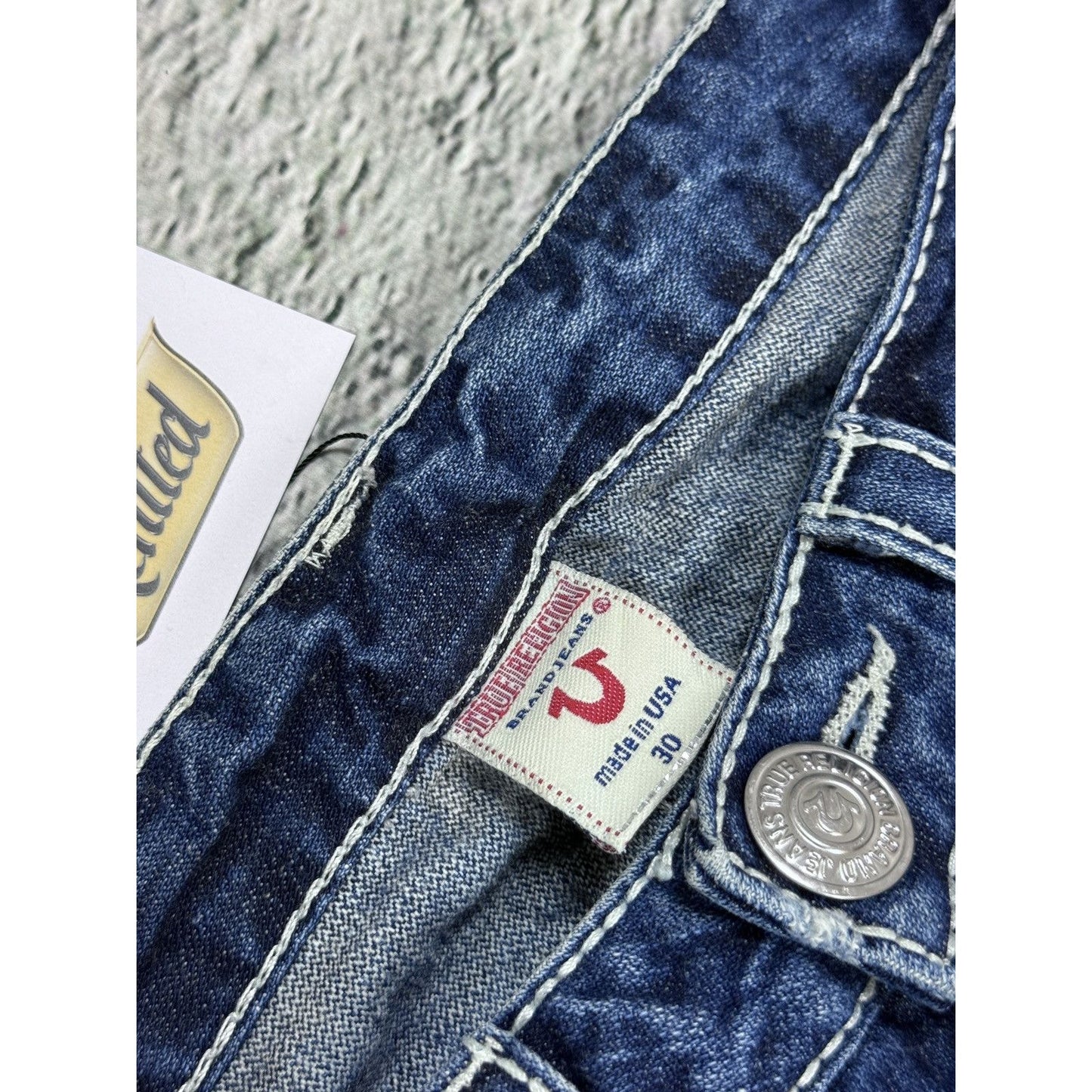 True Religion blue jeans white thick stitching Billy