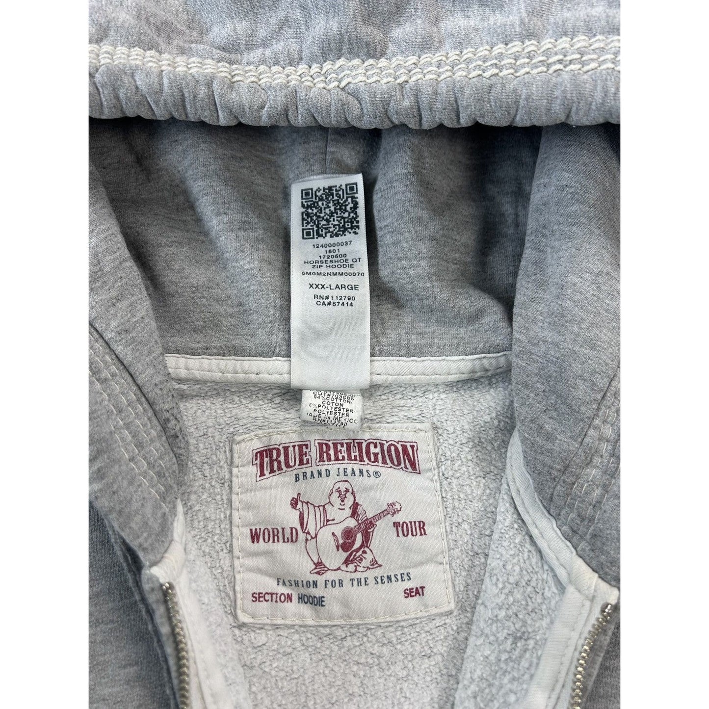 True Religion vintage grey zip hoodie white thick stitching