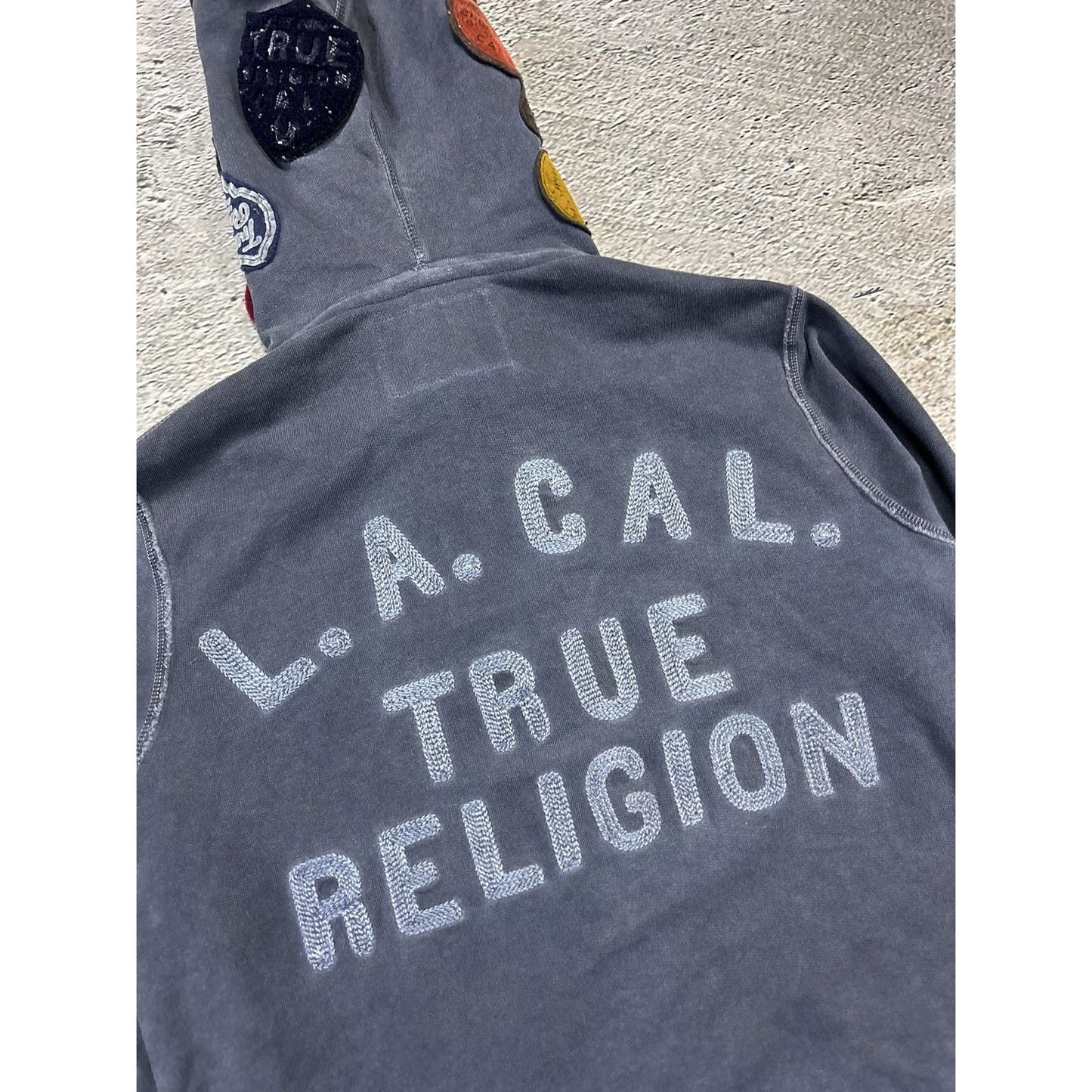 True Religion dark grey zip hoodie patchwork Y2K big logo