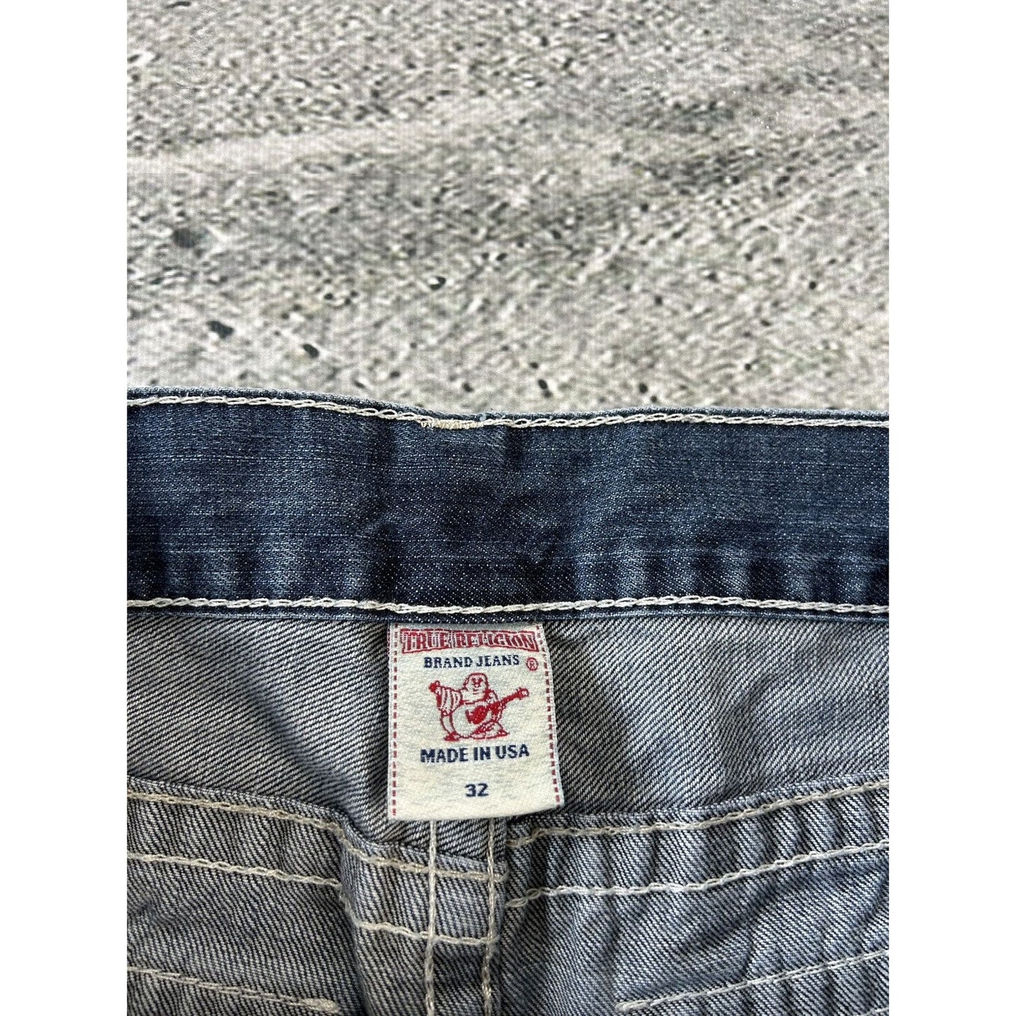 True Religion baby blue jeans white stitching Y2K bootcut