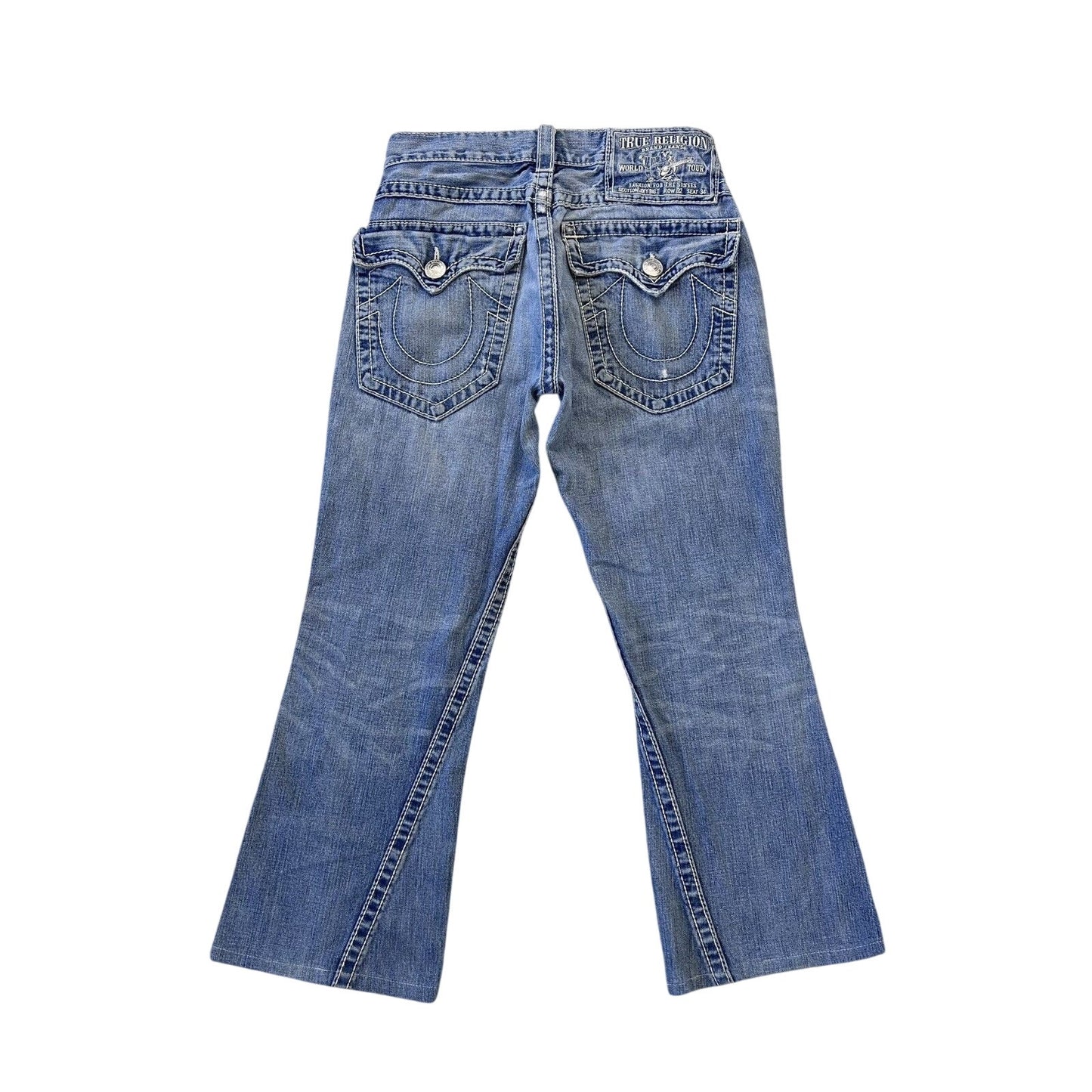 True Religion baby blue jeans white stitching Y2K bootcut