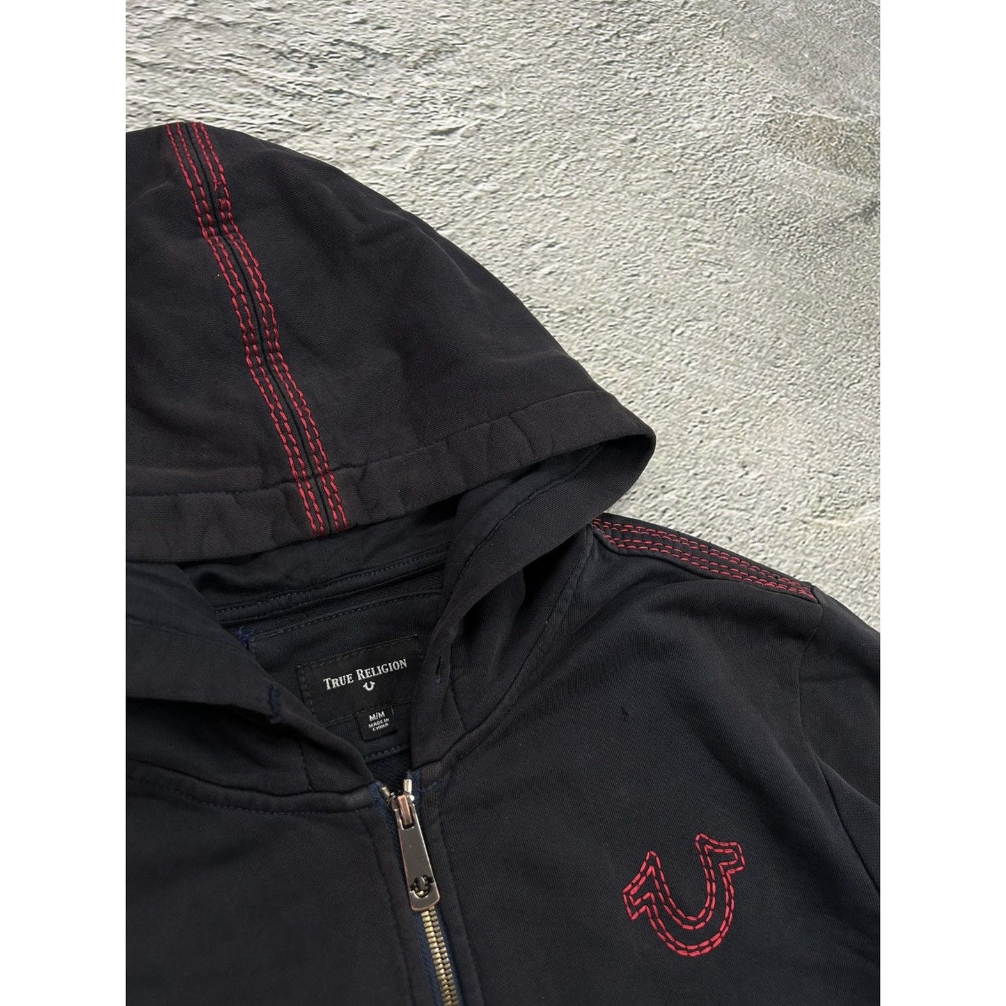 True Religion zip hoodie vintage black red thick stitching