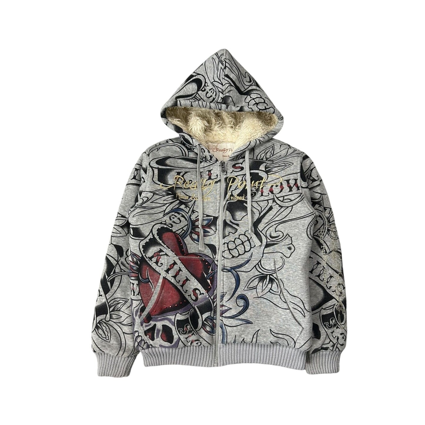Really Point Y2K vintage zip hoodie grey fur Ed Hardy