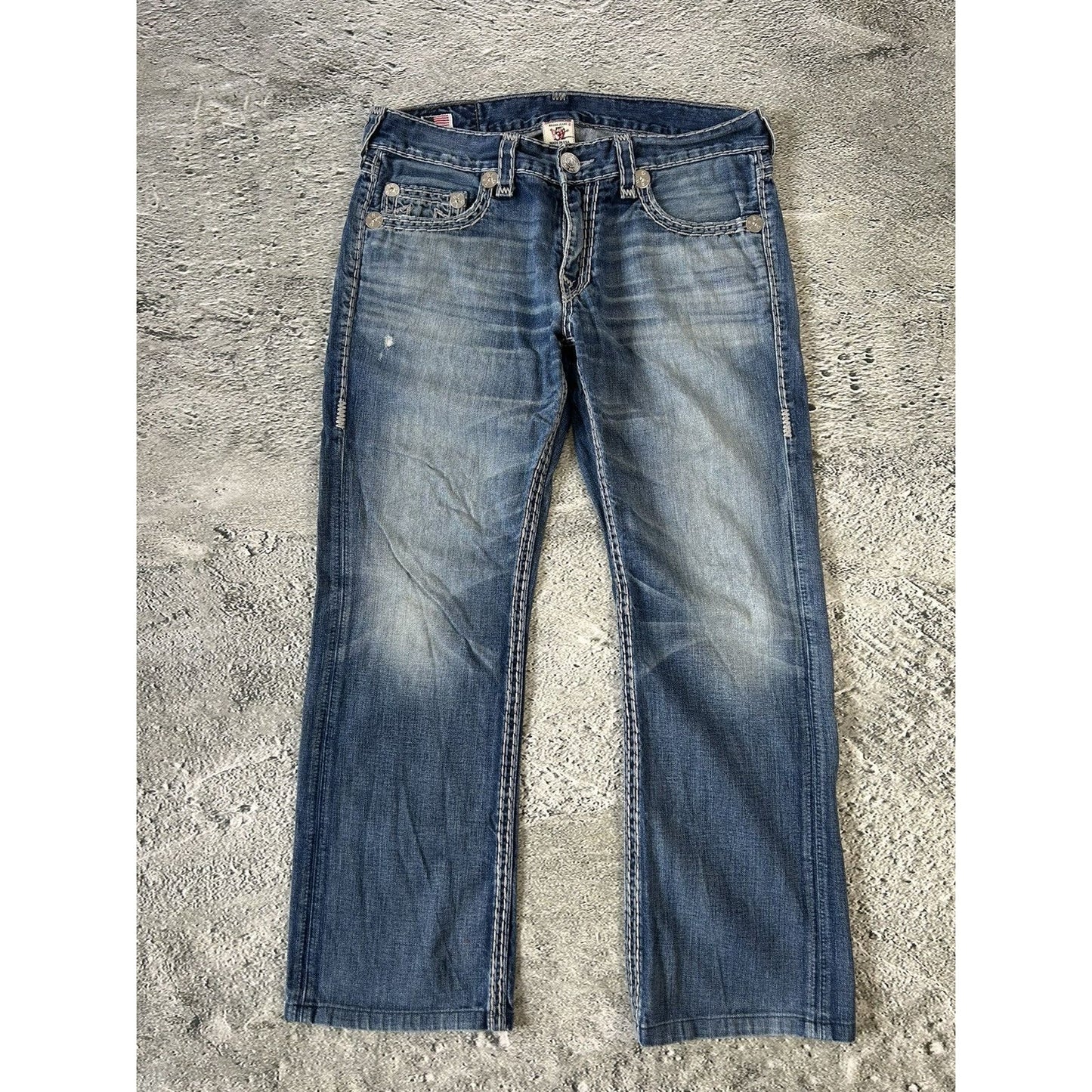 True Religion jeans blue white thick stitching Bobby Y2K