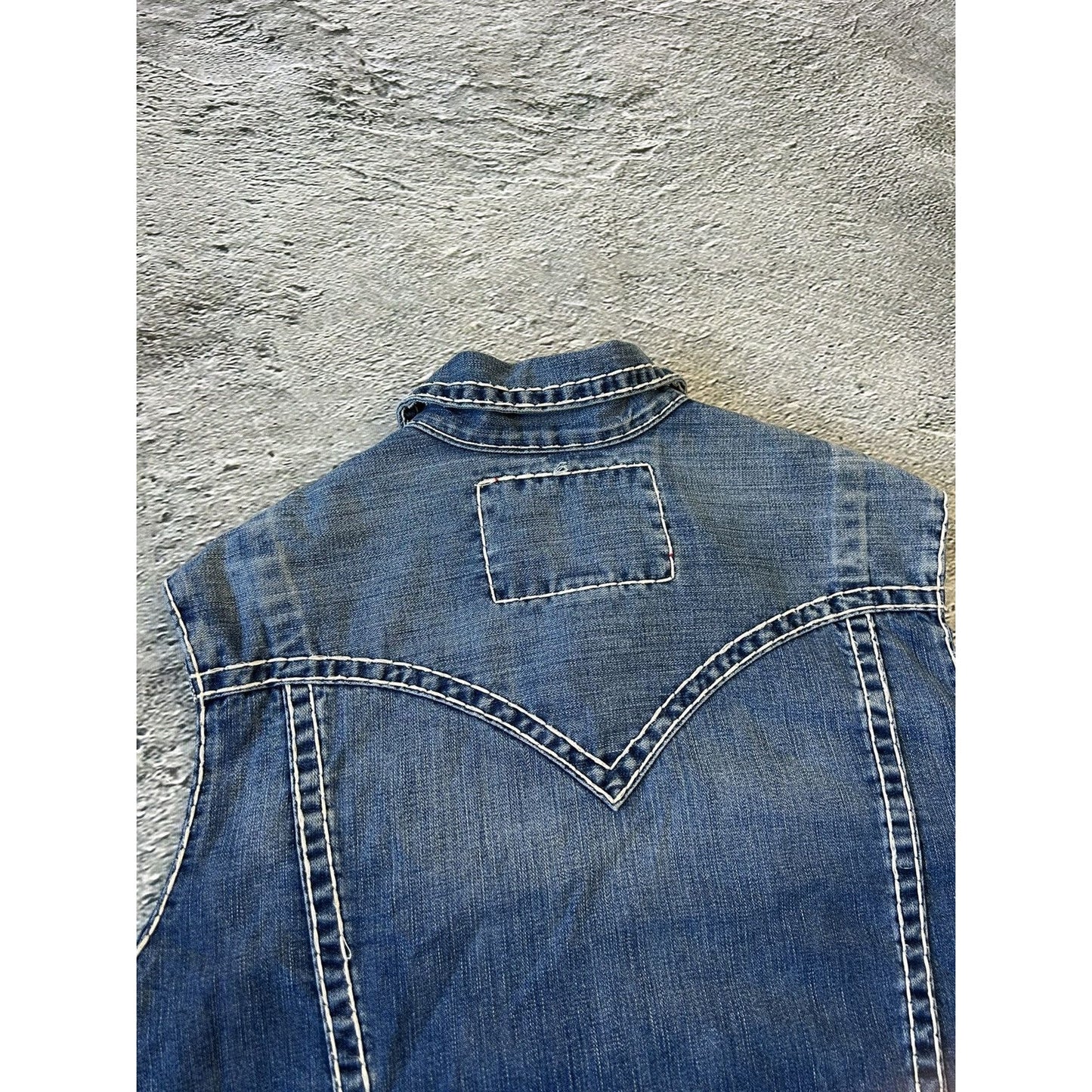 True Religion denim jacket vest blue contrast stitching Y2K