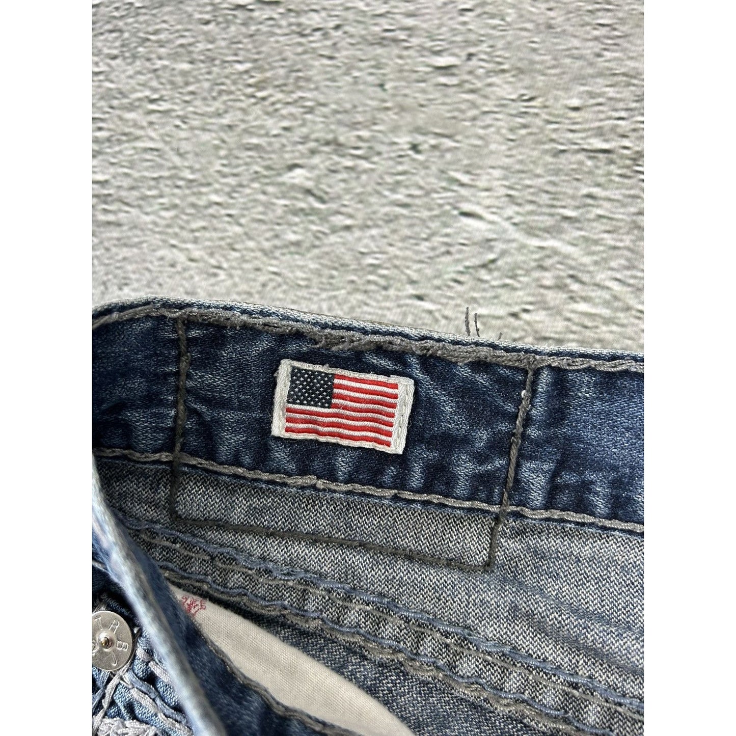 True Religion jeans blue white thick stitching Bobby Y2K