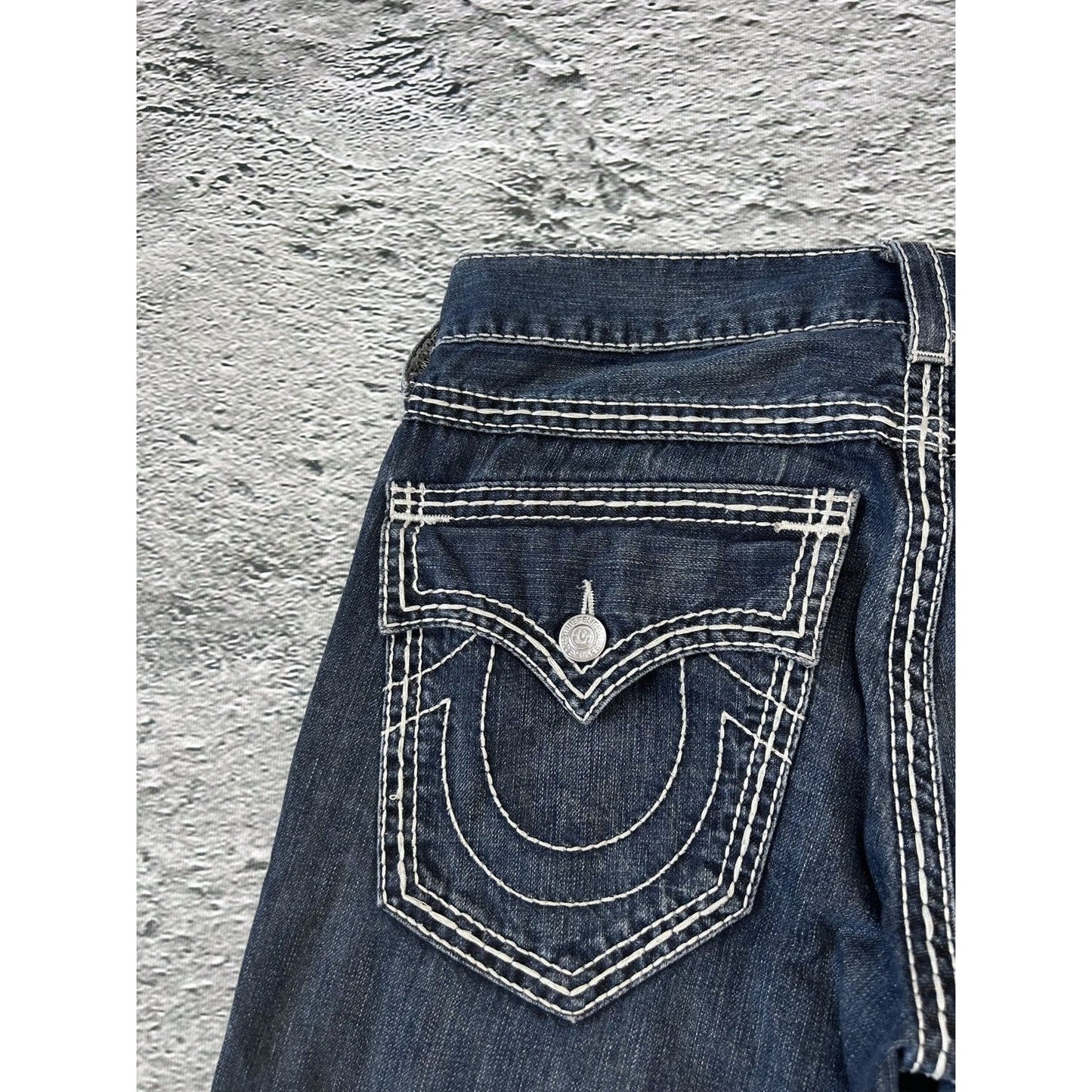 True Religion navy blue jeans white thick stitching straight