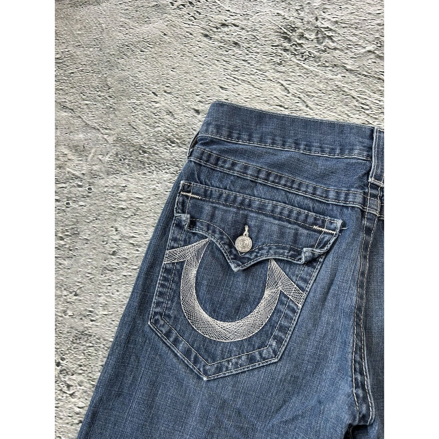 True Religion baby blue jeans white stitching Y2K bootcut