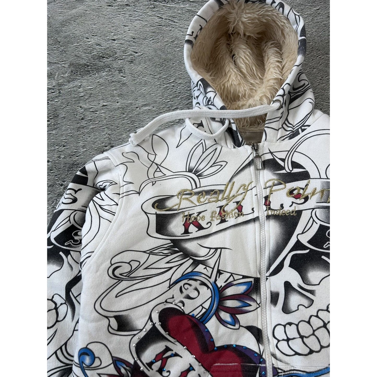 Really Point Y2K vintage zip hoodie white fur Ed Hardy