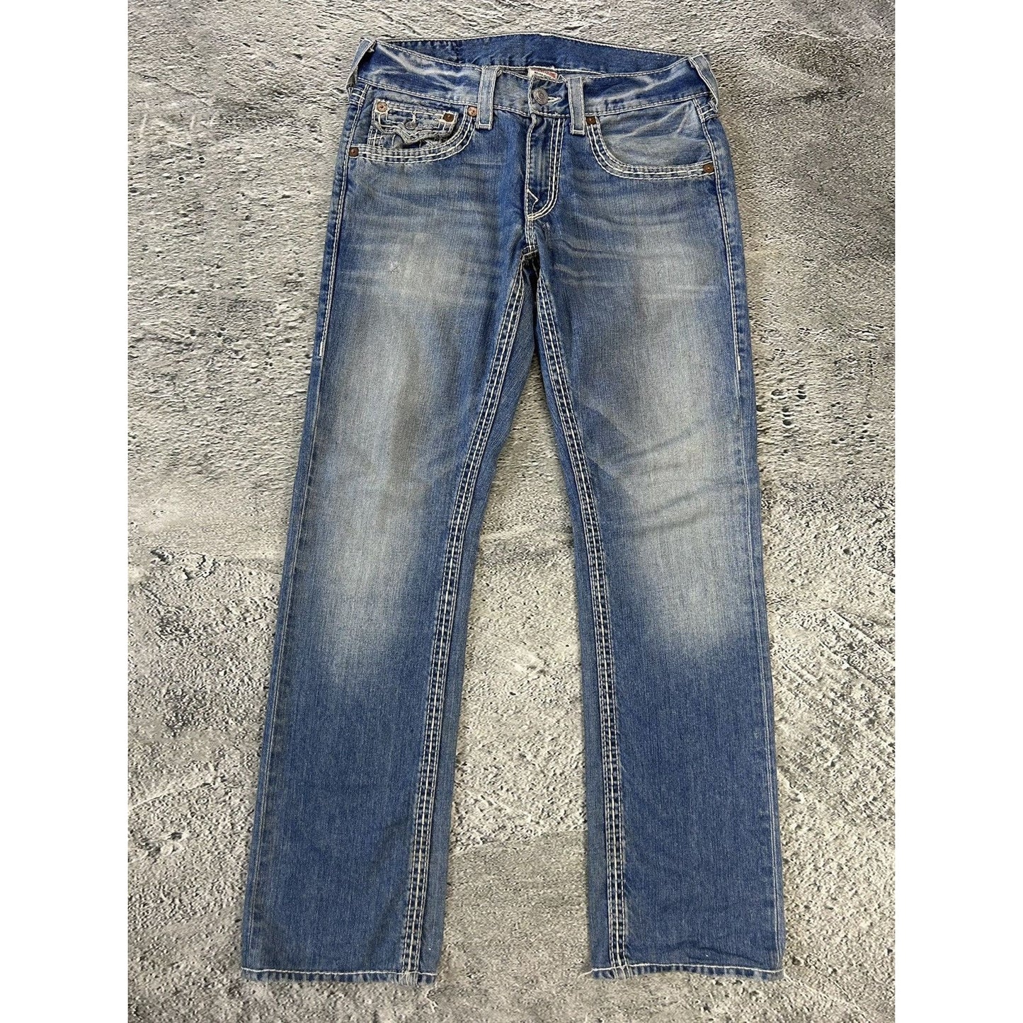 True Religion baby blue jeans white thick stitching straight