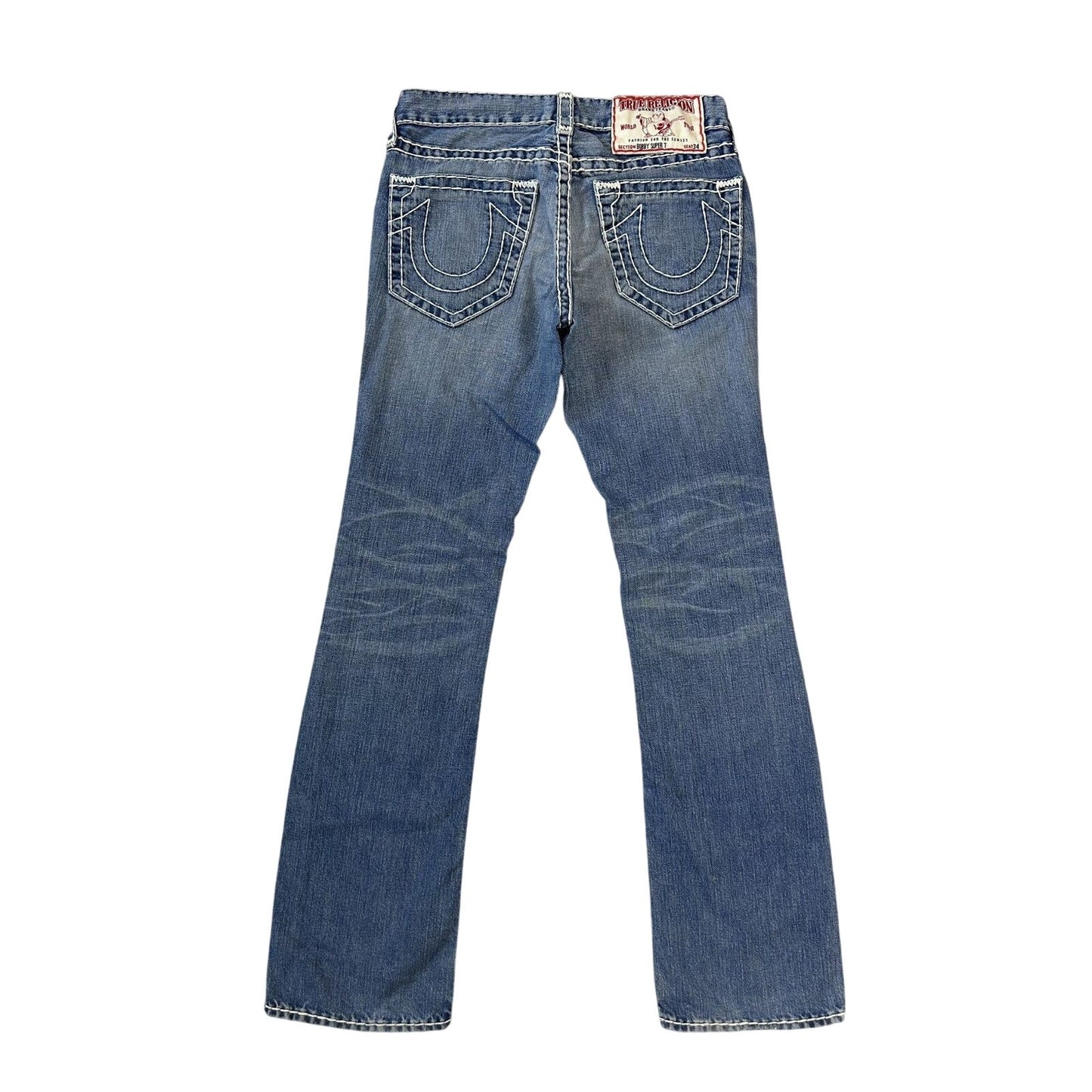True Religion baby blue jeans white thick stitching Bobby