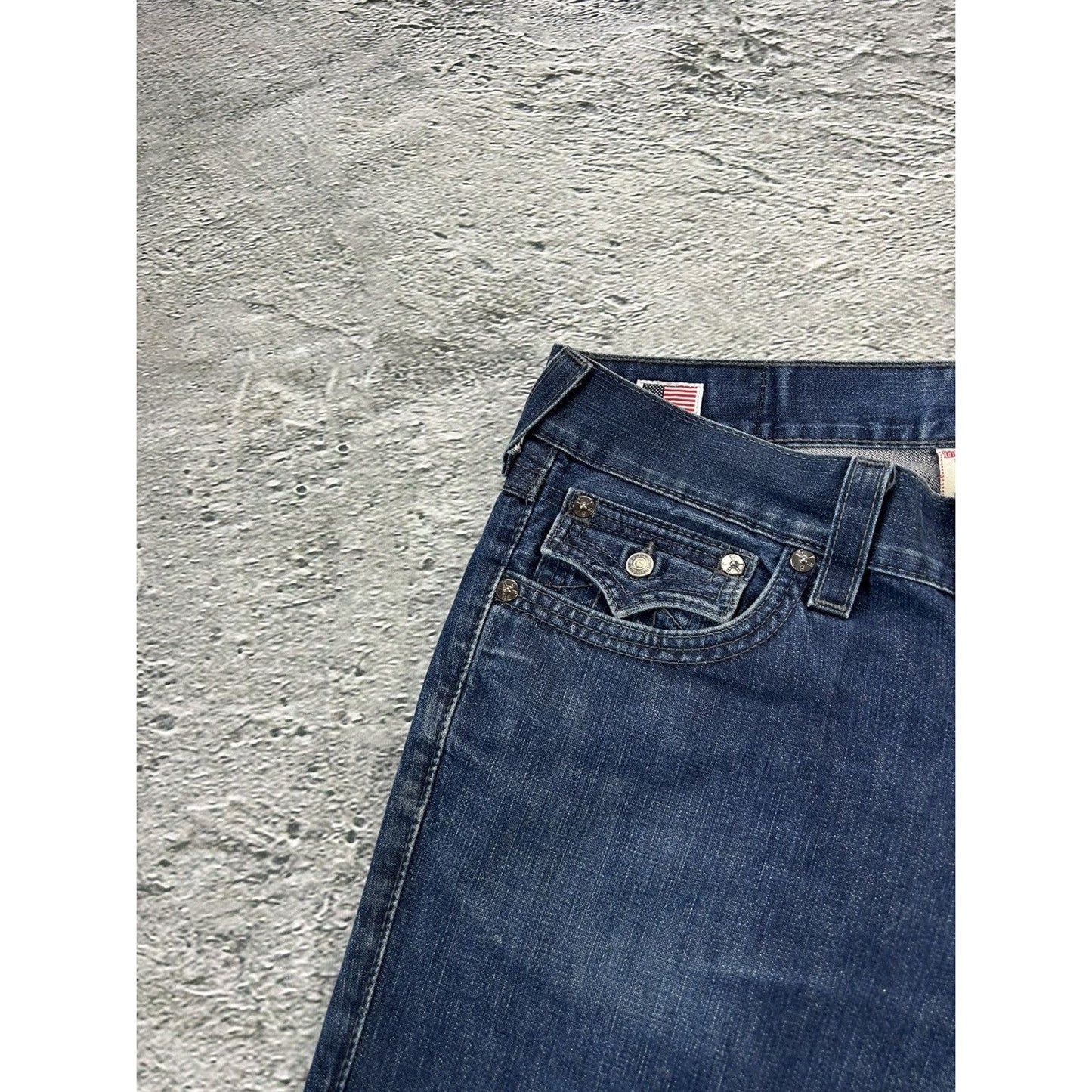 True Religion jorts denim shorts navy black stitching Ricky
